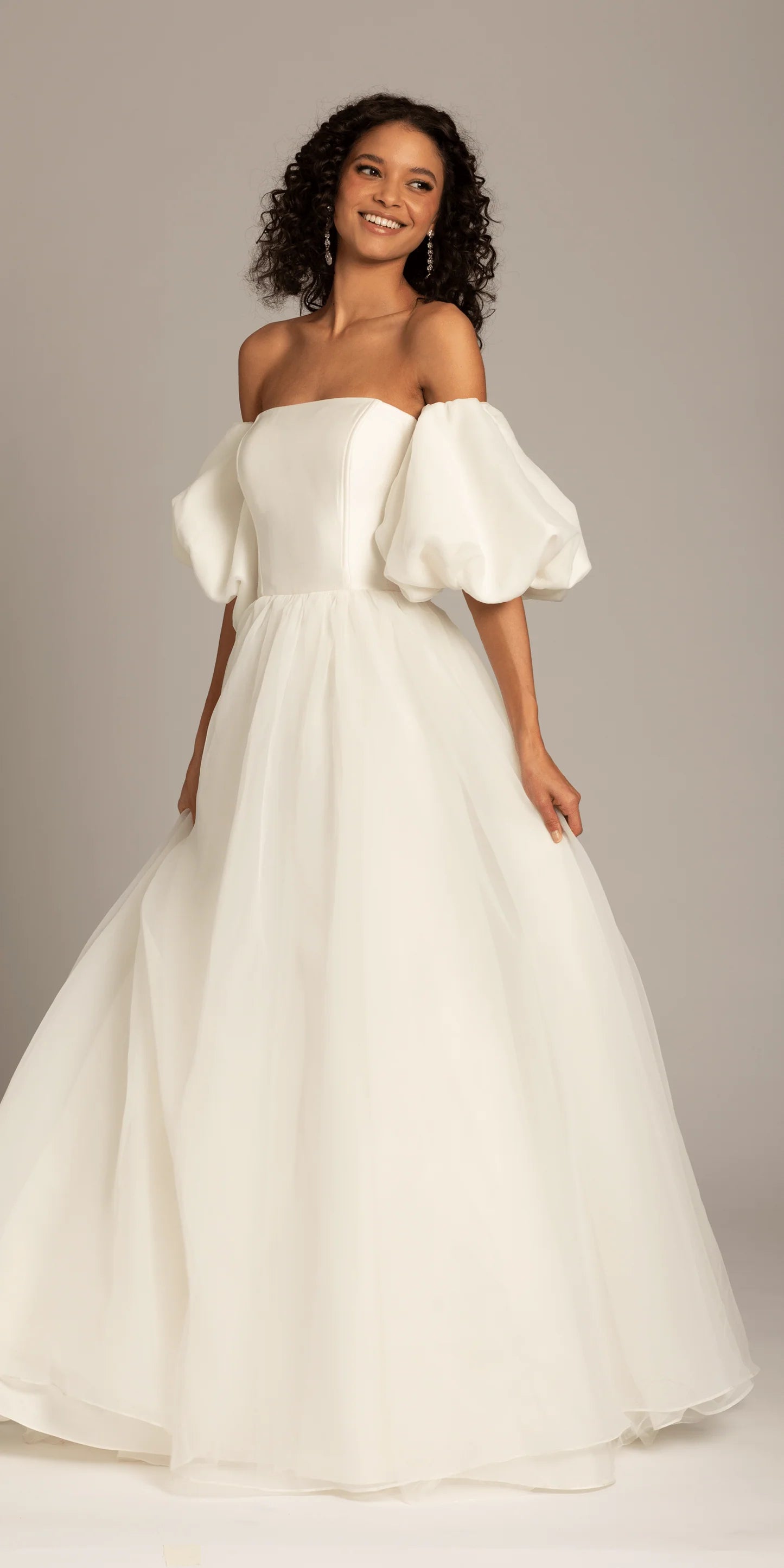 White Tulle Off-the-Shoulder Wedding Dress with Puffed Sleeves, Lace-Up Back and Ball Gown Silhouette