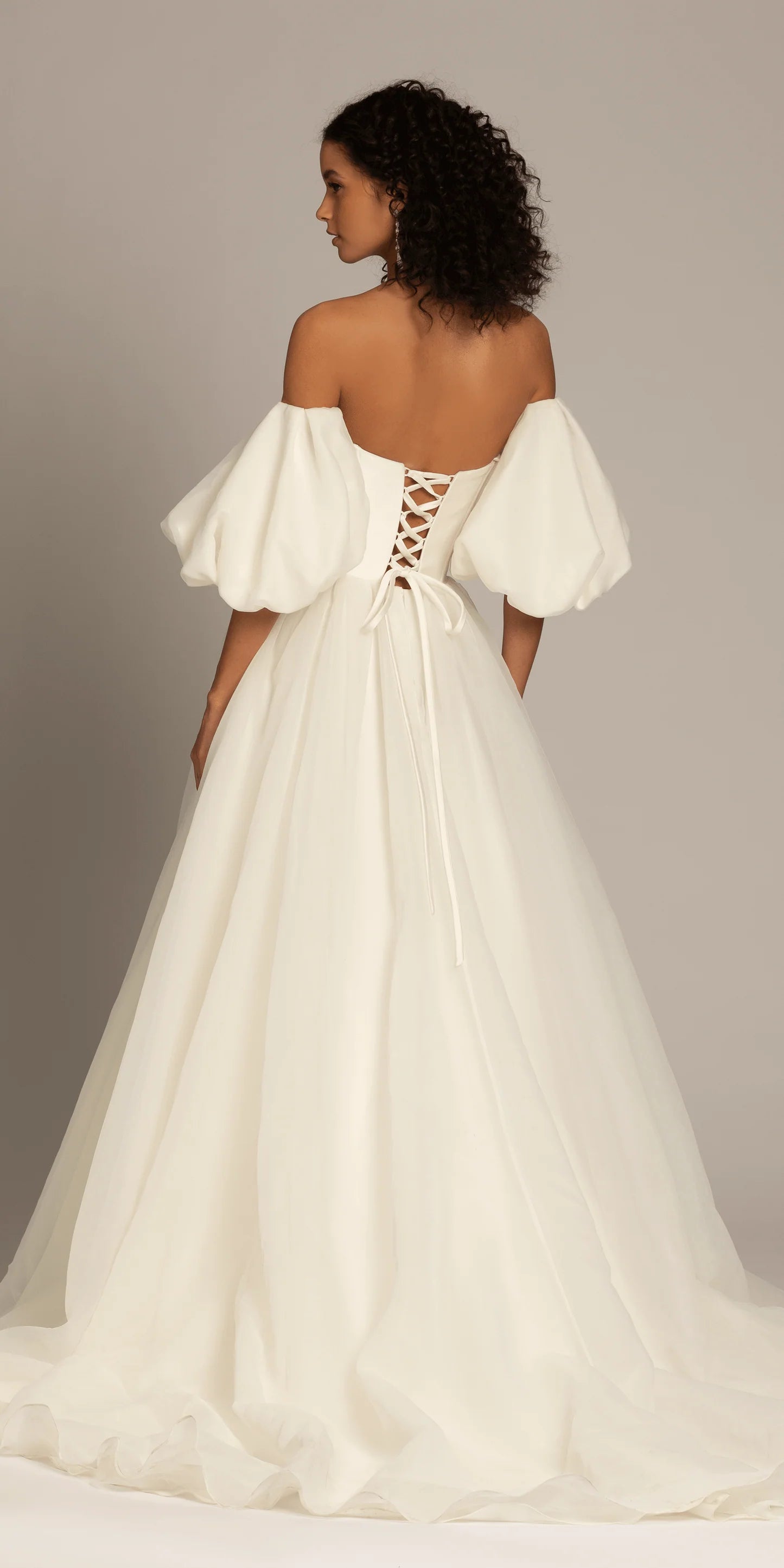 White Tulle Off-the-Shoulder Wedding Dress with Puffed Sleeves, Lace-Up Back and Ball Gown Silhouette