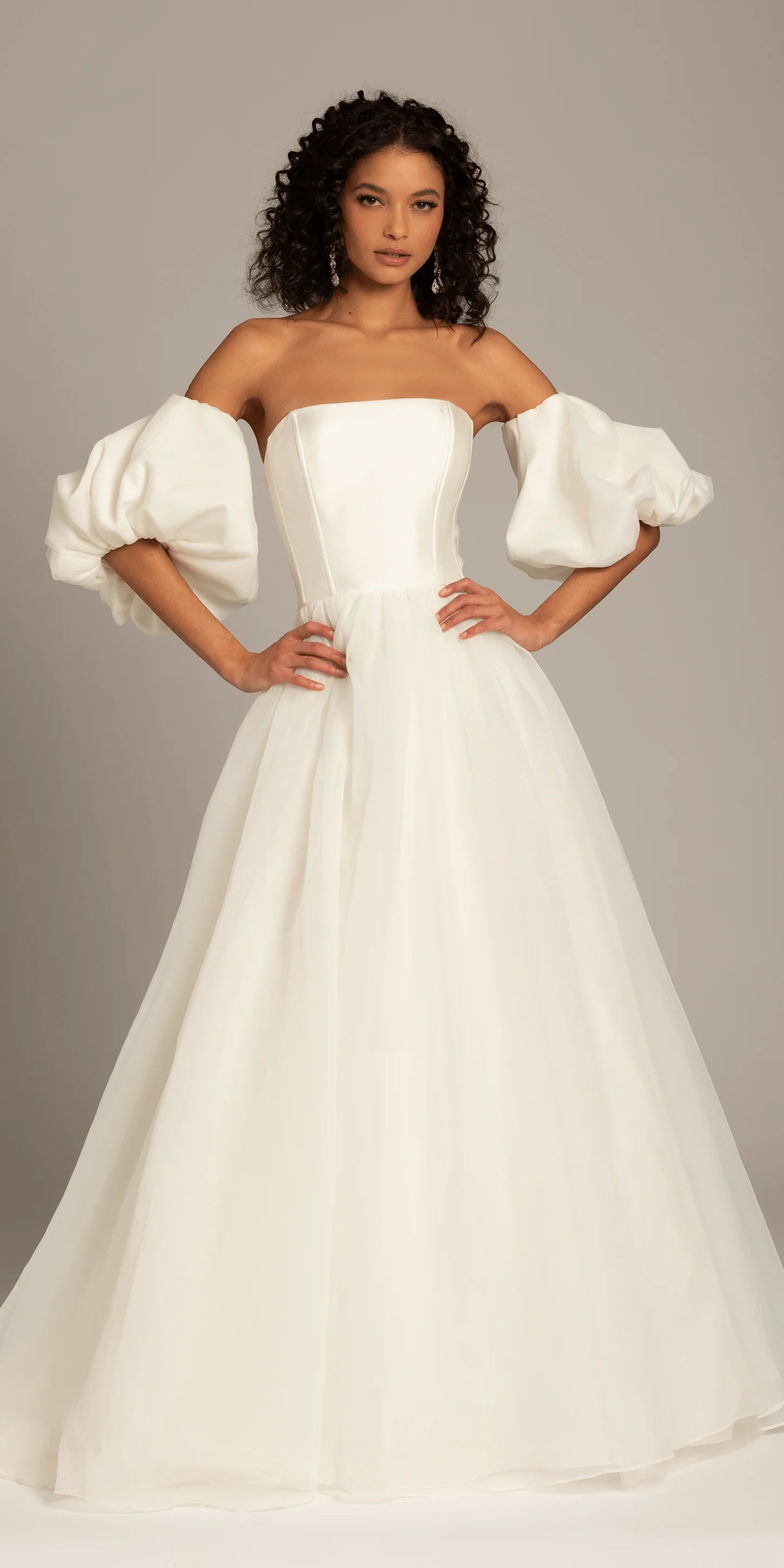 White Tulle Off-the-Shoulder Wedding Dress with Puffed Sleeves, Lace-Up Back and Ball Gown Silhouette