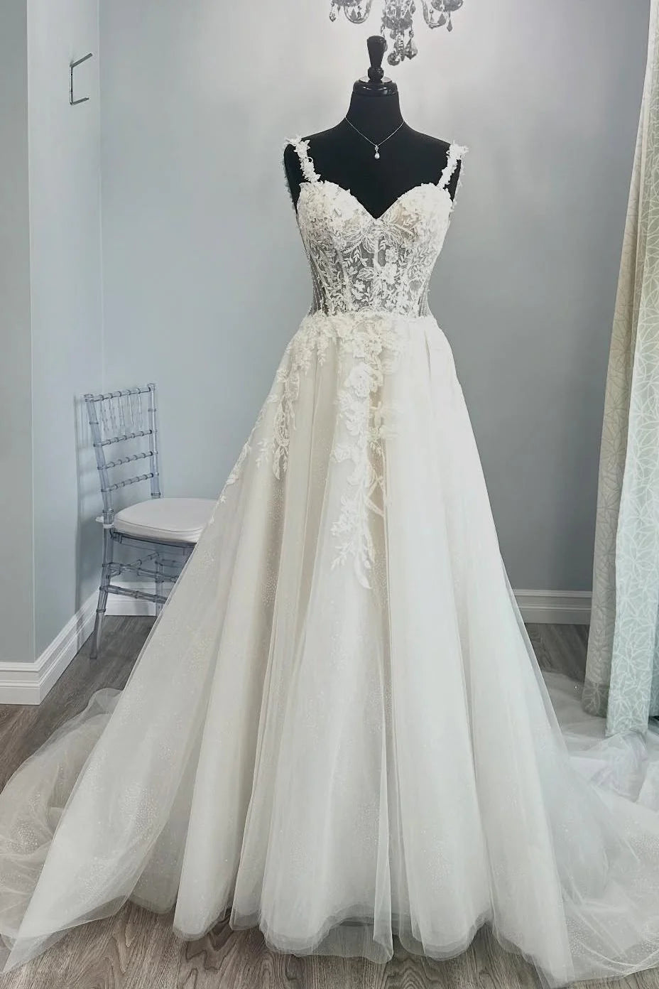 White Wedding Dress with Lace Applique, Corset Back and Spaghetti Straps