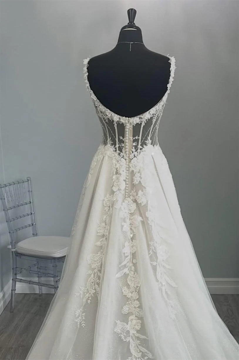 White Wedding Dress with Lace Applique, Corset Back and Spaghetti Straps