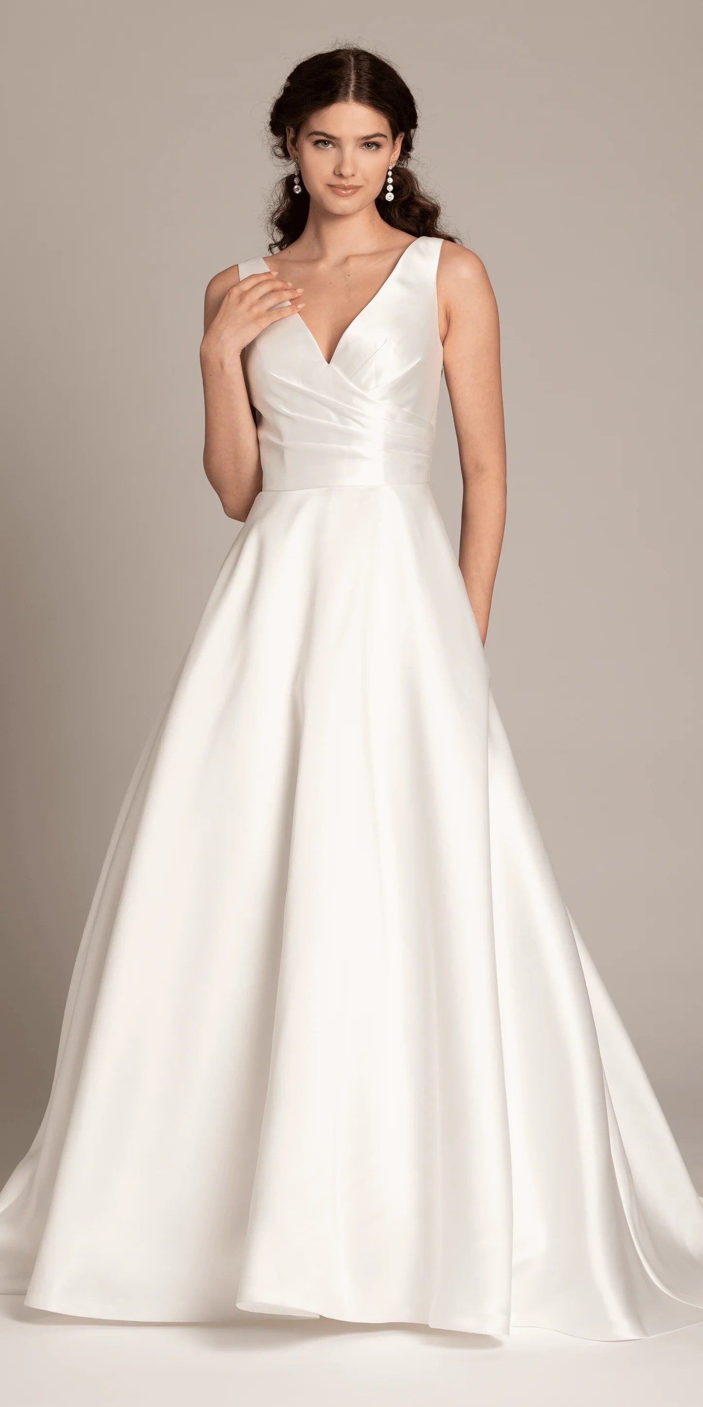 White Satin V-Neck Wedding Dress with Ruched Bodice, Pockets and Buttoned Back Train