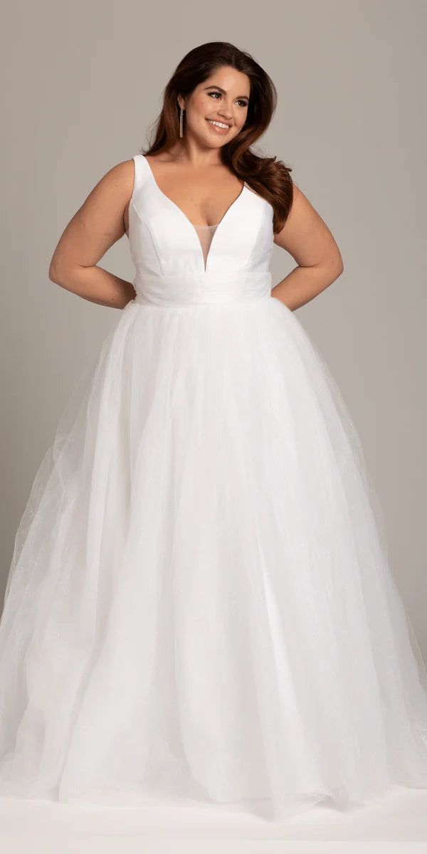 White Tulle Plus Size Wedding Dress with V-Neck, Satin Bodice and Back Bow Detail