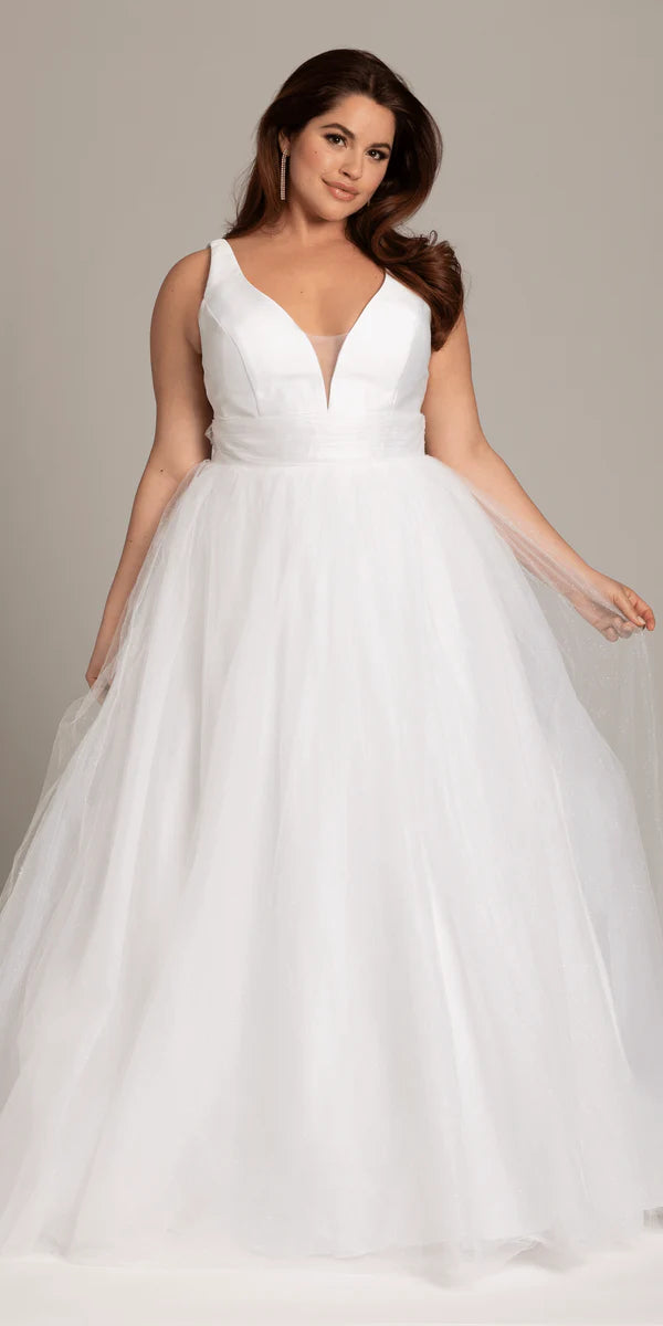 White Tulle Plus Size Wedding Dress with V-Neck, Satin Bodice and Back Bow Detail