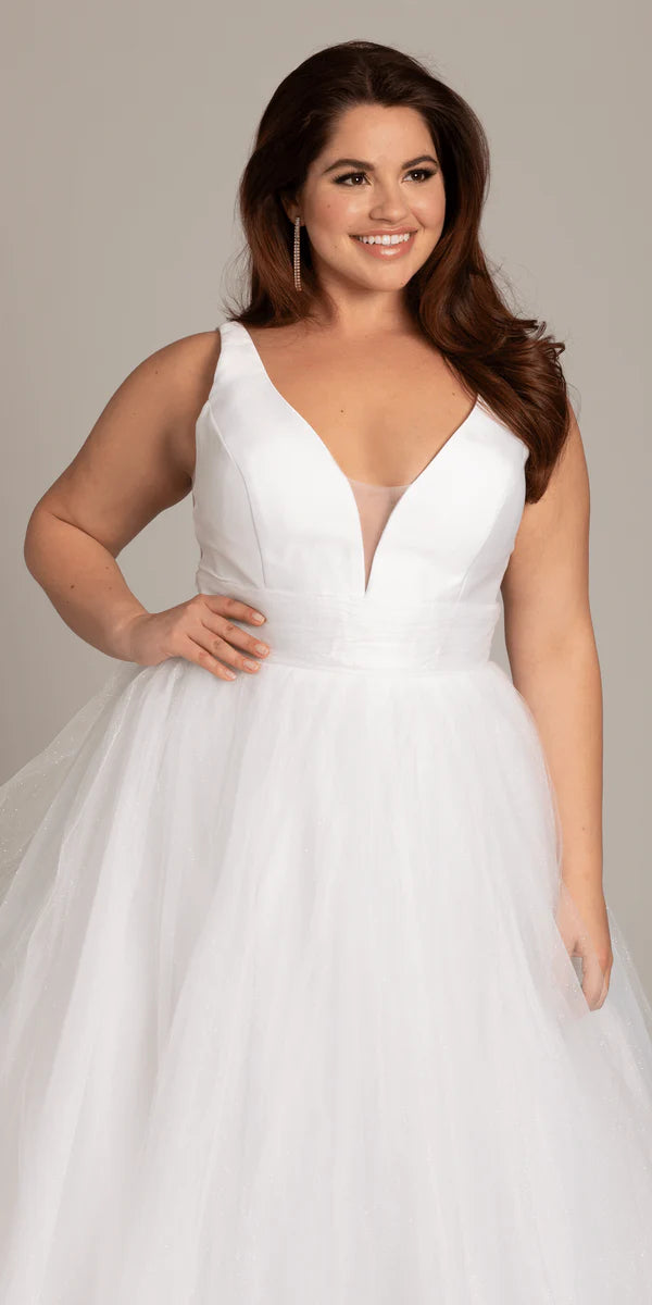 White Tulle Plus Size Wedding Dress with V-Neck, Satin Bodice and Back Bow Detail