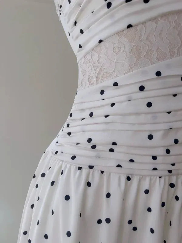 White and Black Polka Dot Spaghetti-Strap A-Line Midi Dress