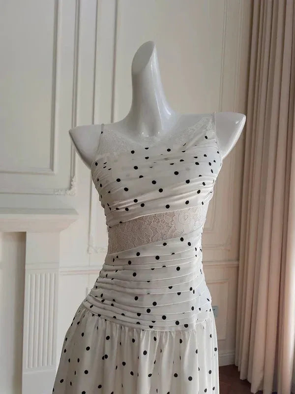 White and Black Polka Dot Spaghetti-Strap A-Line Midi Dress