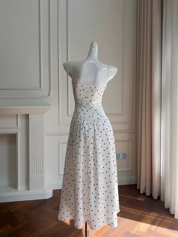 White and Black Polka Dot Spaghetti-Strap A-Line Midi Dress