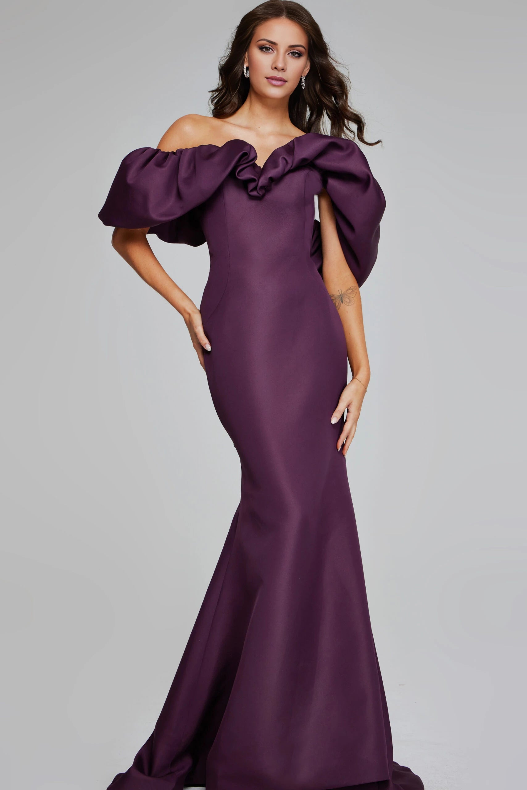 Wine Off-Shoulder Gown with Dramatic Ruffled Sleeves  Evening Dresses