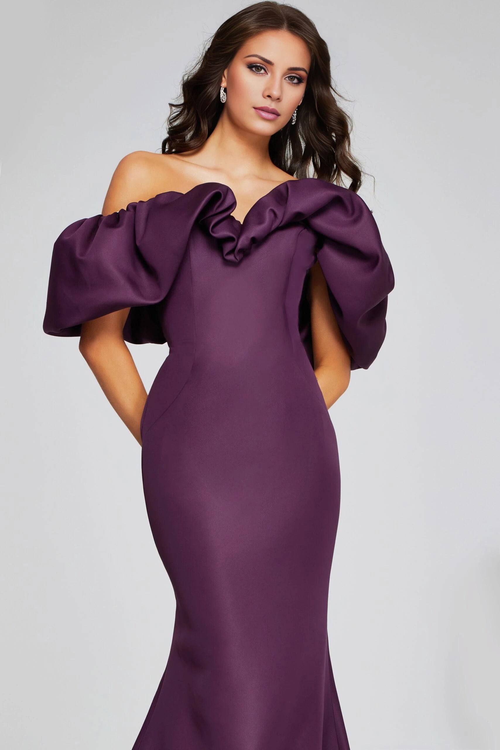 Wine Off-Shoulder Gown with Dramatic Ruffled Sleeves  Evening Dresses