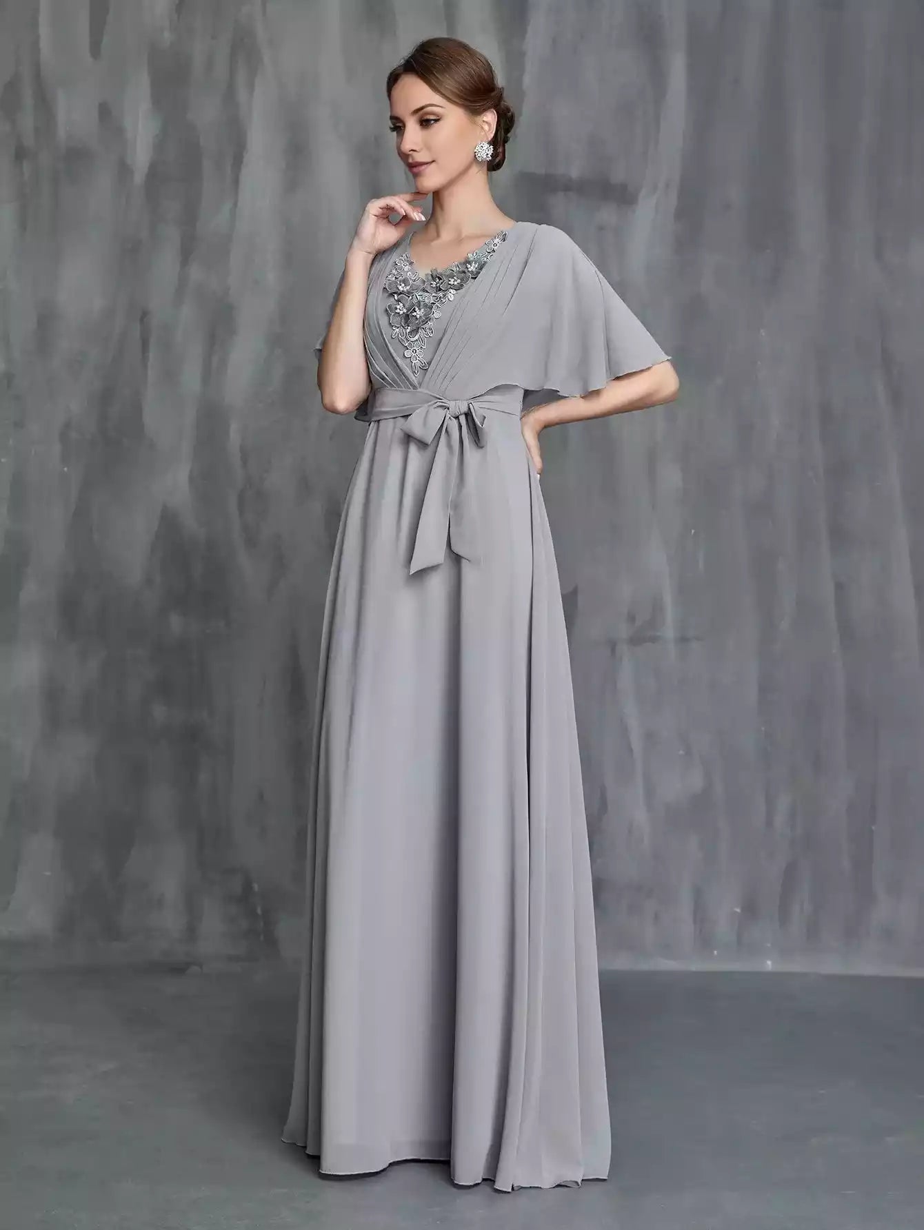 Womens' Applique Detail Butterfly Sleeves Chiffon Belted Mother of the Bride Dress ﻿