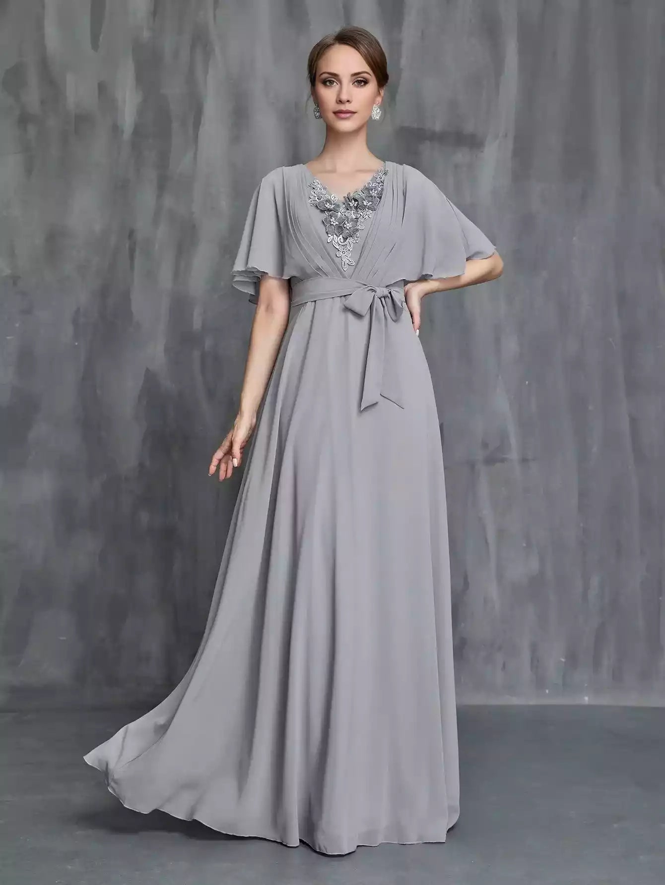 Womens' Applique Detail Butterfly Sleeves Chiffon Belted Mother of the Bride Dress ﻿