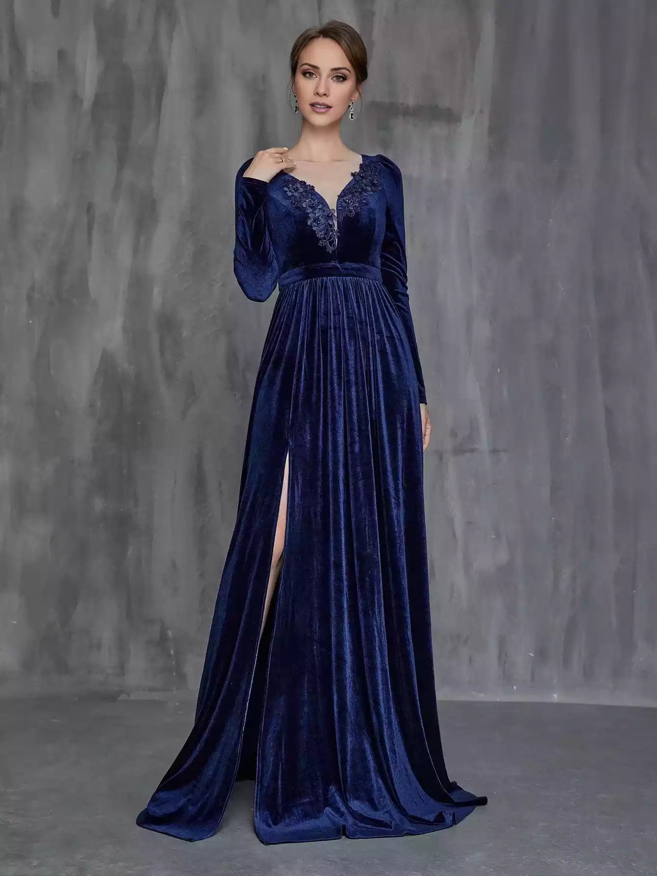 Womens' Applique Detail Split Thigh Velvet Formal Mother of the Bride Dress