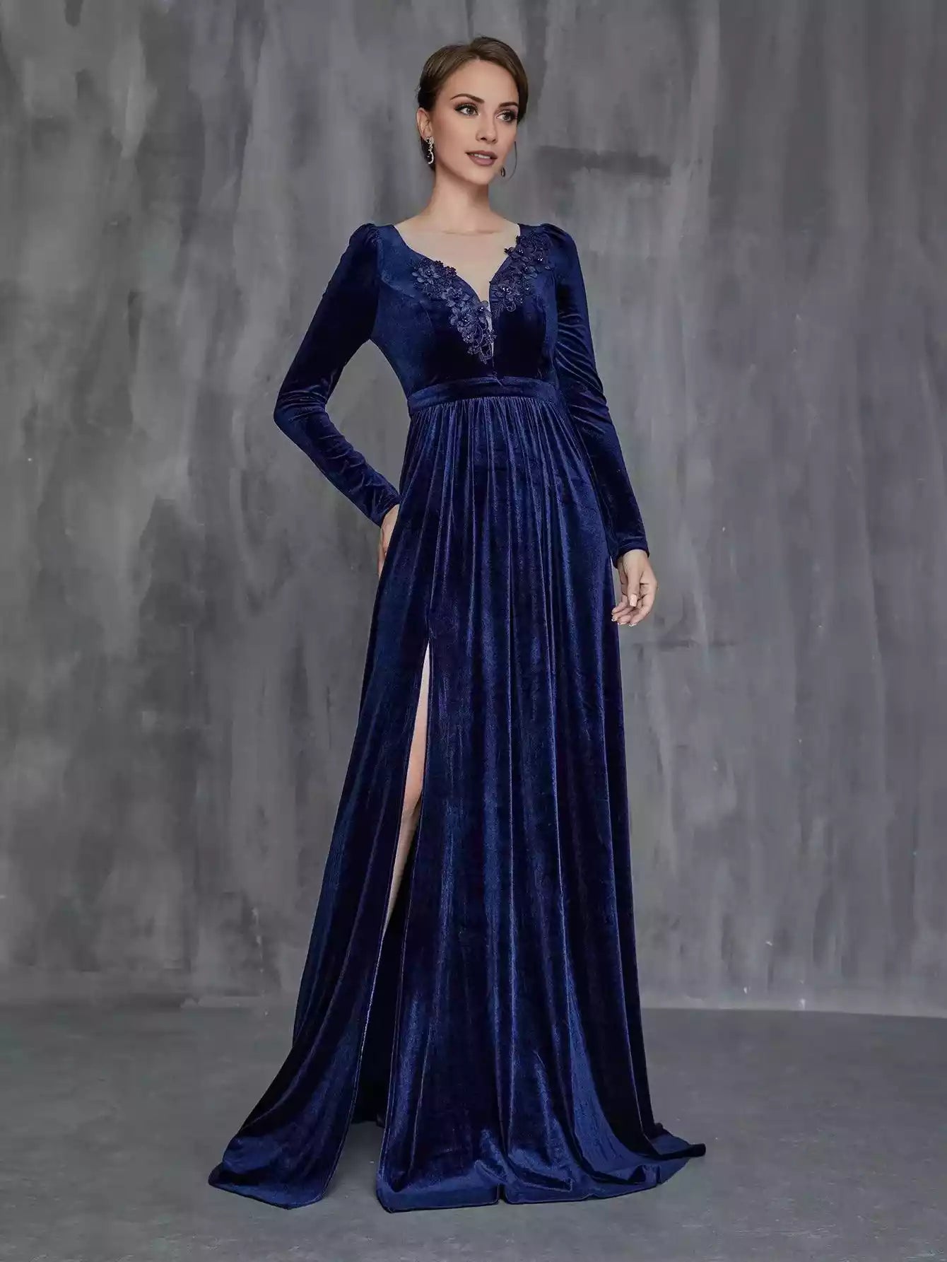 Womens' Applique Detail Split Thigh Velvet Formal Mother of the Bride Dress