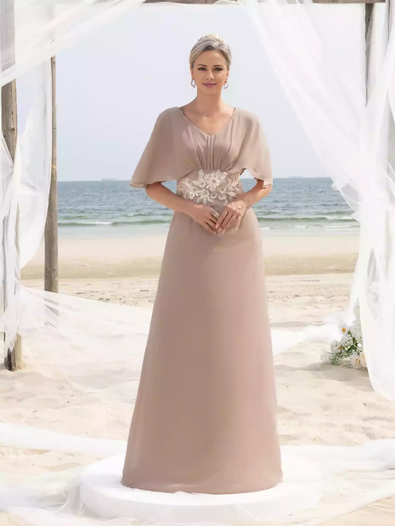 Womens' Applique Detail V Neck Chiffon Formal Mother of the Bride Dress