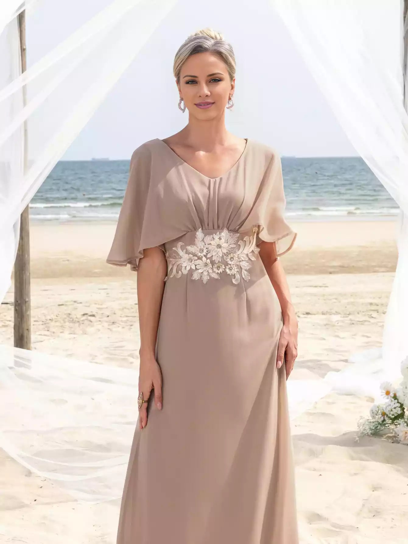 Womens' Applique Detail V Neck Chiffon Formal Mother of the Bride Dress
