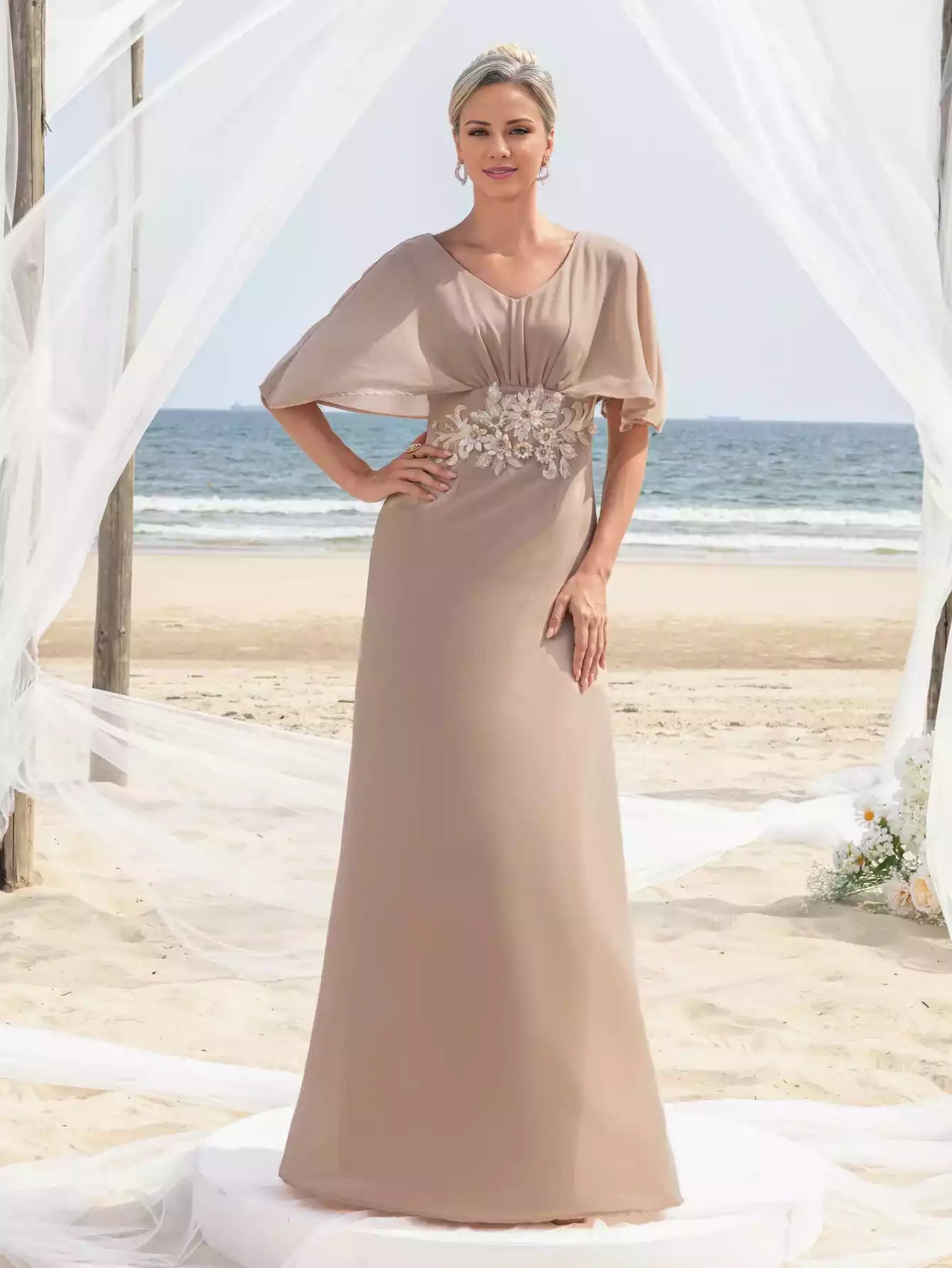 Womens' Applique Detail V Neck Chiffon Formal Mother of the Bride Dress