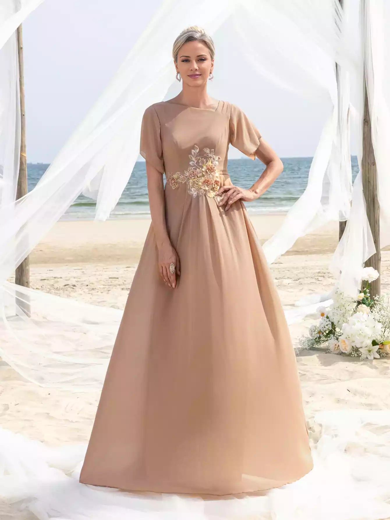 Womens' Chiffon with Floral Appliqué Detailing Elegant Boat Neck Cinched Waist Mother of the Bride Dress