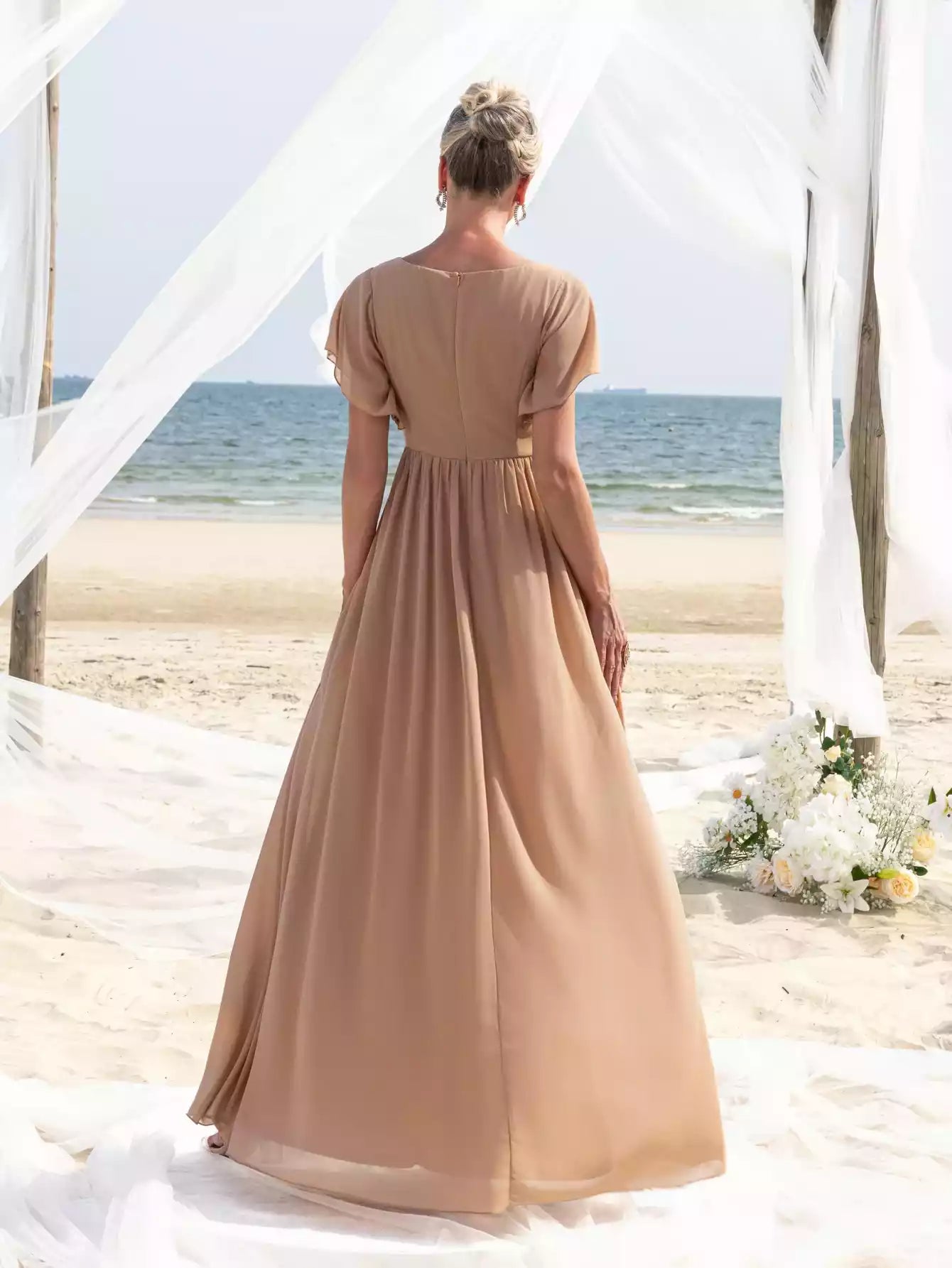 Womens' Chiffon with Floral Appliqué Detailing Elegant Boat Neck Cinched Waist Mother of the Bride Dress