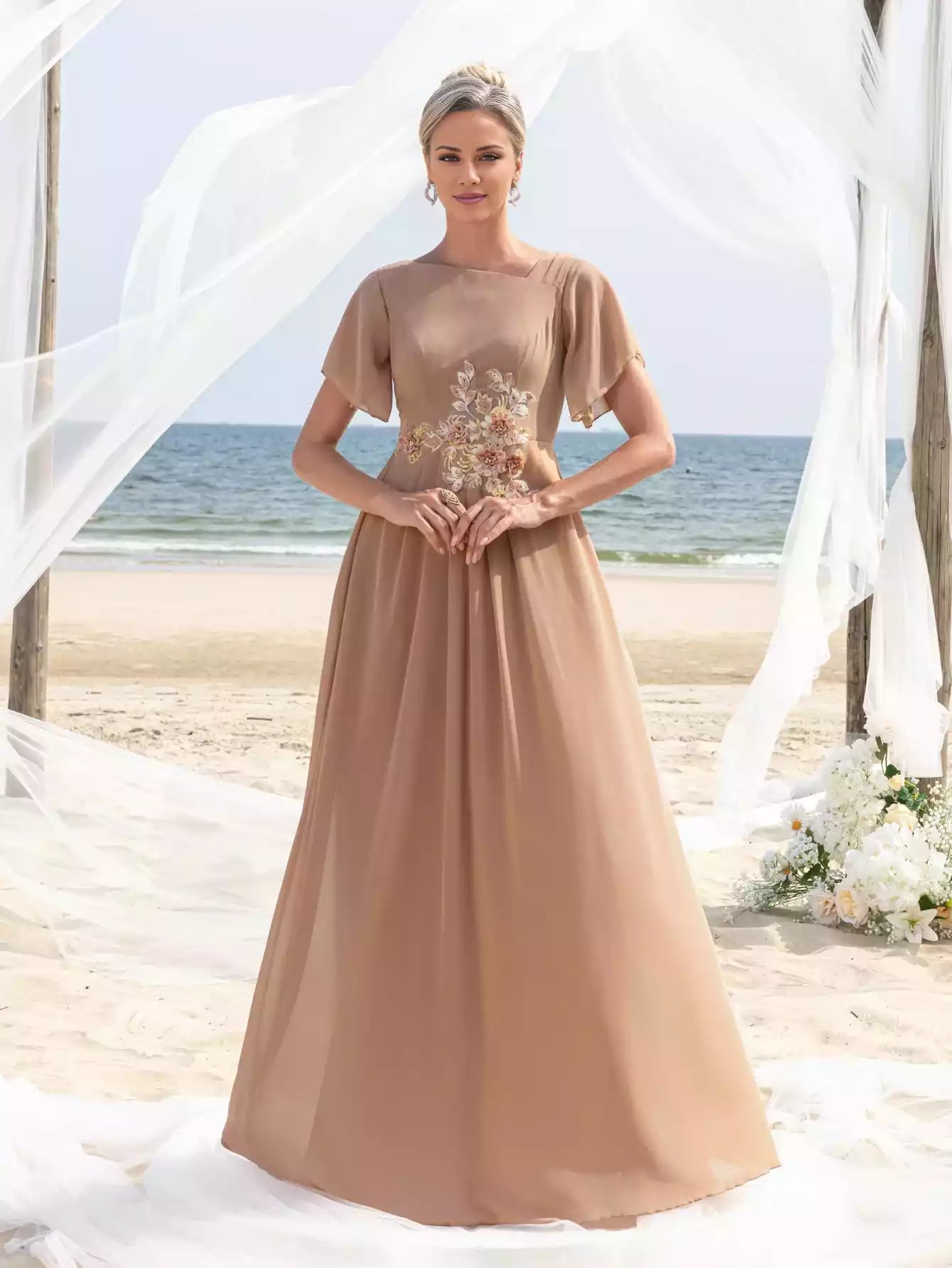 Womens' Chiffon with Floral Appliqué Detailing Elegant Boat Neck Cinched Waist Mother of the Bride Dress