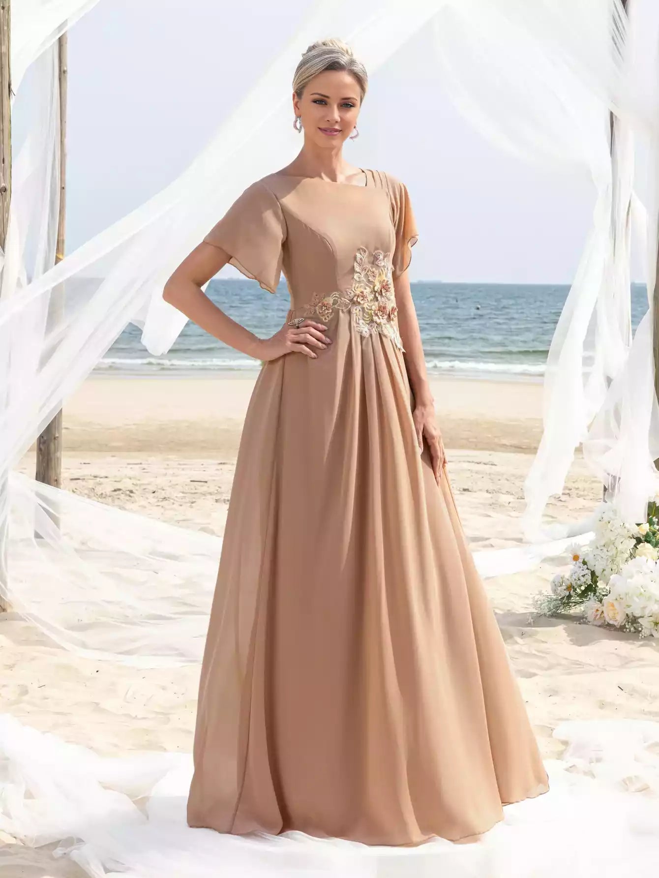 Womens' Chiffon with Floral Appliqué Detailing Elegant Boat Neck Cinched Waist Mother of the Bride Dress