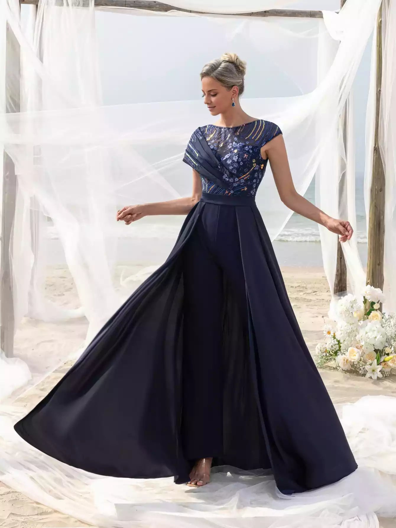 Womens' Elegant Beaded Sequined Satin Jumpsuit with V Neckline Low Back Flowing Skirt Mother of the Bride Dress