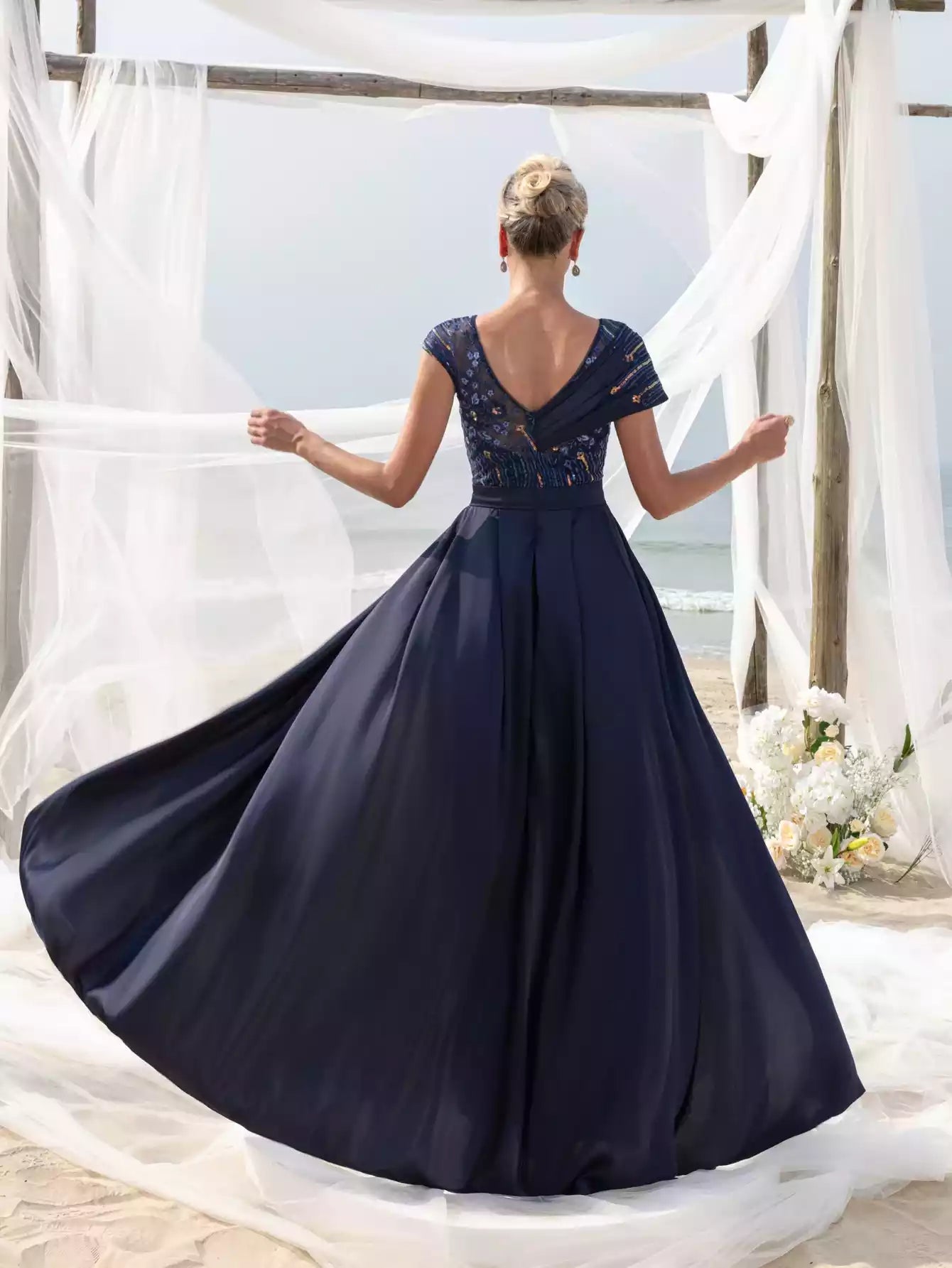 Womens' Elegant Beaded Sequined Satin Jumpsuit with V Neckline Low Back Flowing Skirt Mother of the Bride Dress