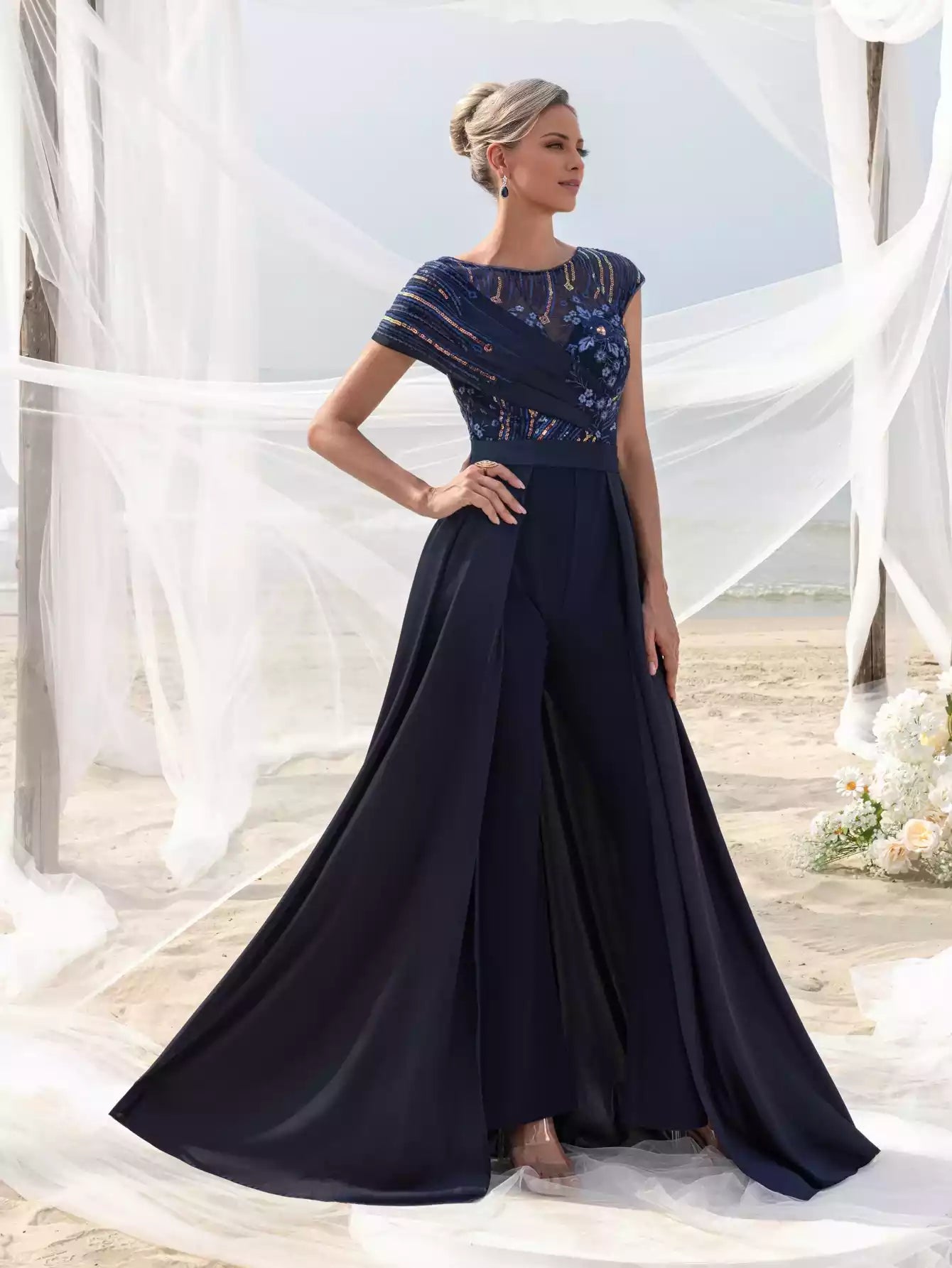 Womens' Elegant Beaded Sequined Satin Jumpsuit with V Neckline Low Back Flowing Skirt Mother of the Bride Dress