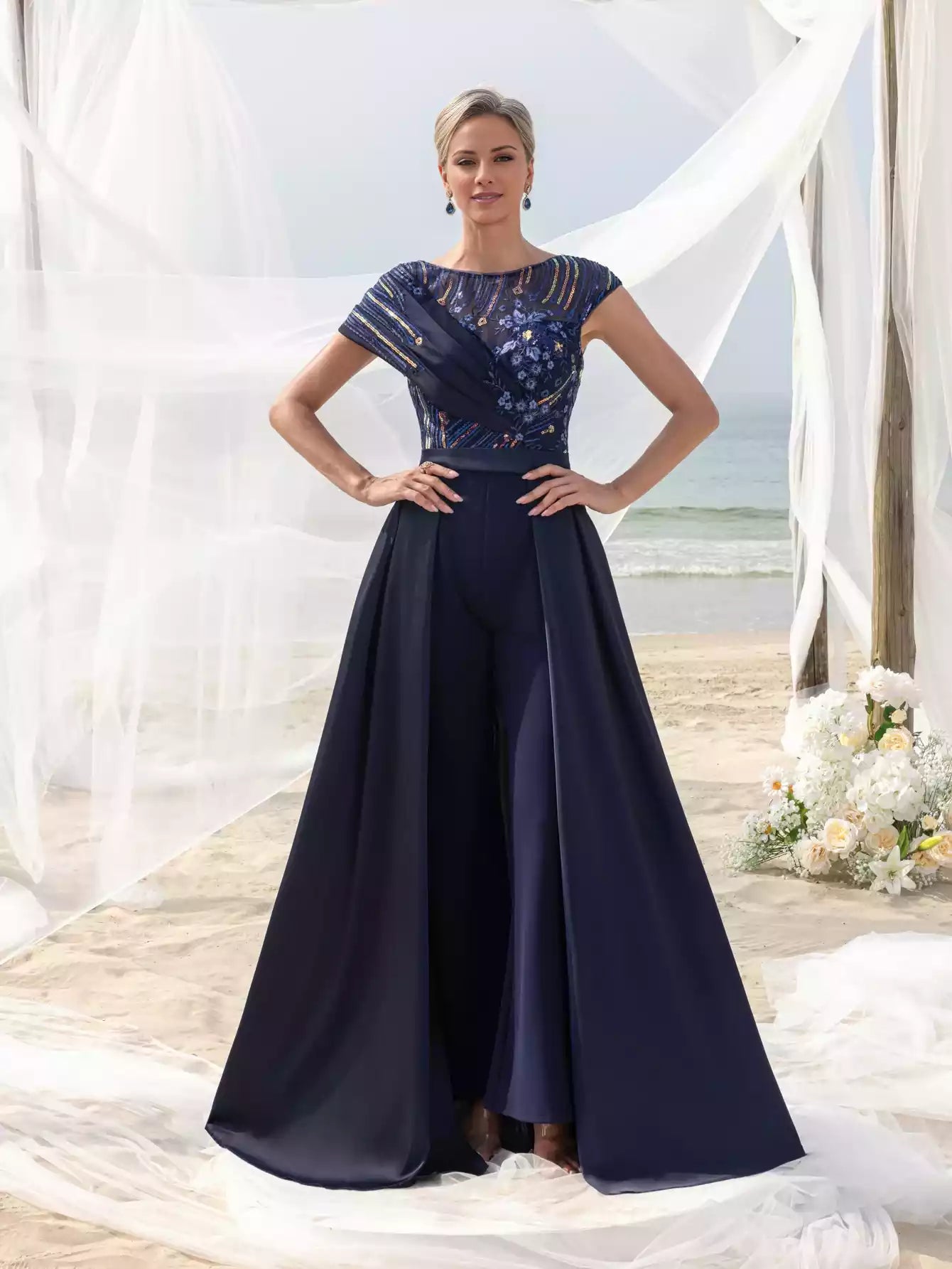 Womens' Elegant Beaded Sequined Satin Jumpsuit with V Neckline Low Back Flowing Skirt Mother of the Bride Dress