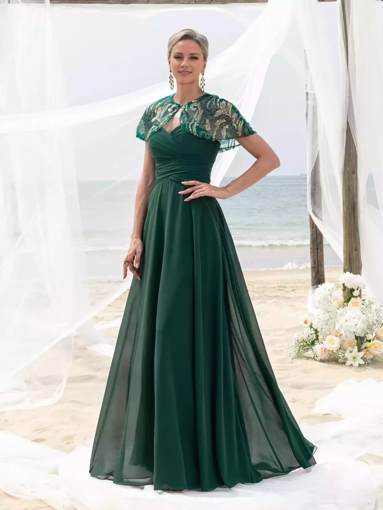 Womens' Elegant  Multicolor Sequin Cape Strapless Chiffon Maxi Dress Mother of the Bride Dress