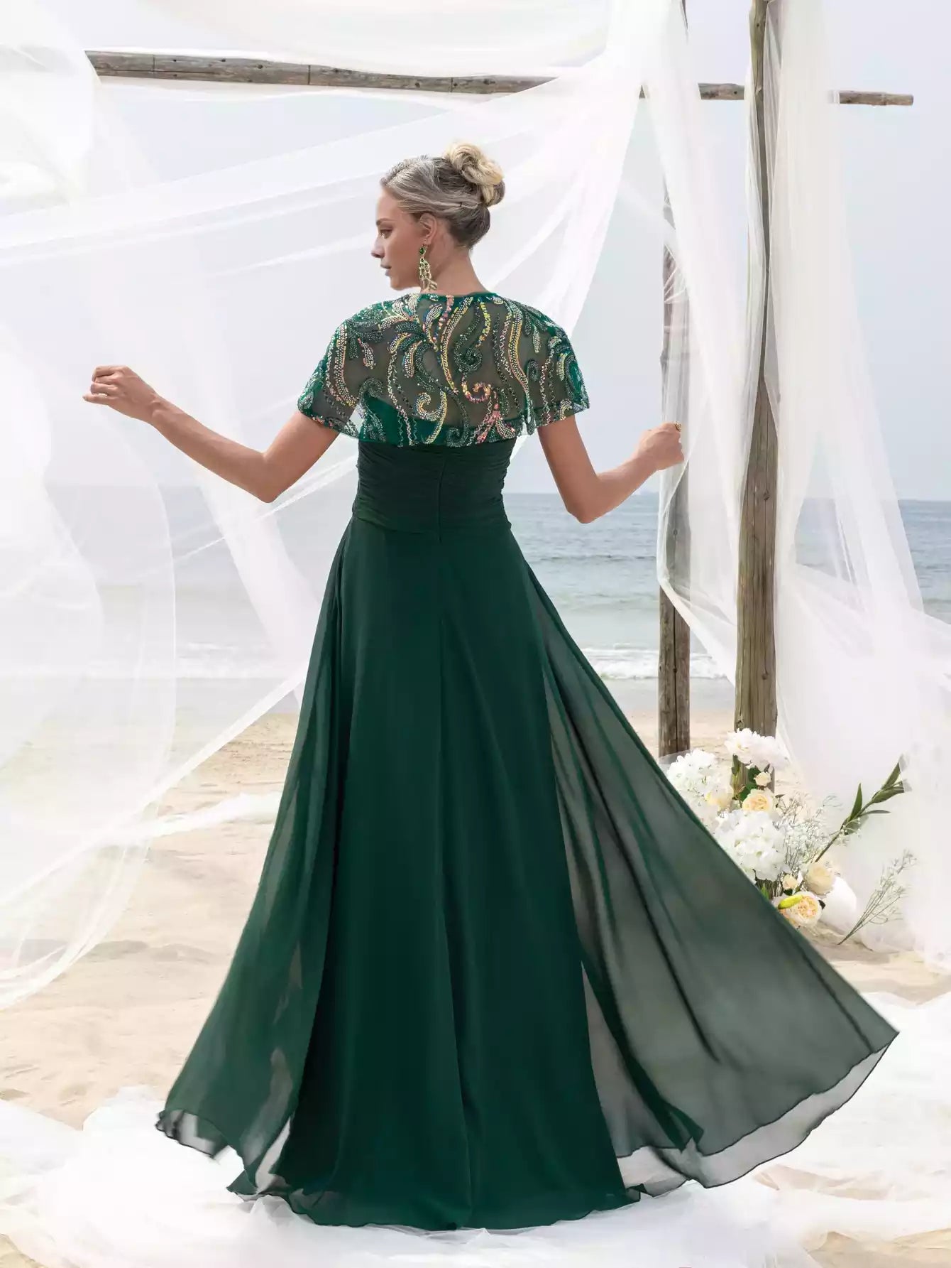 Womens' Elegant  Multicolor Sequin Cape Strapless Chiffon Maxi Dress Mother of the Bride Dress