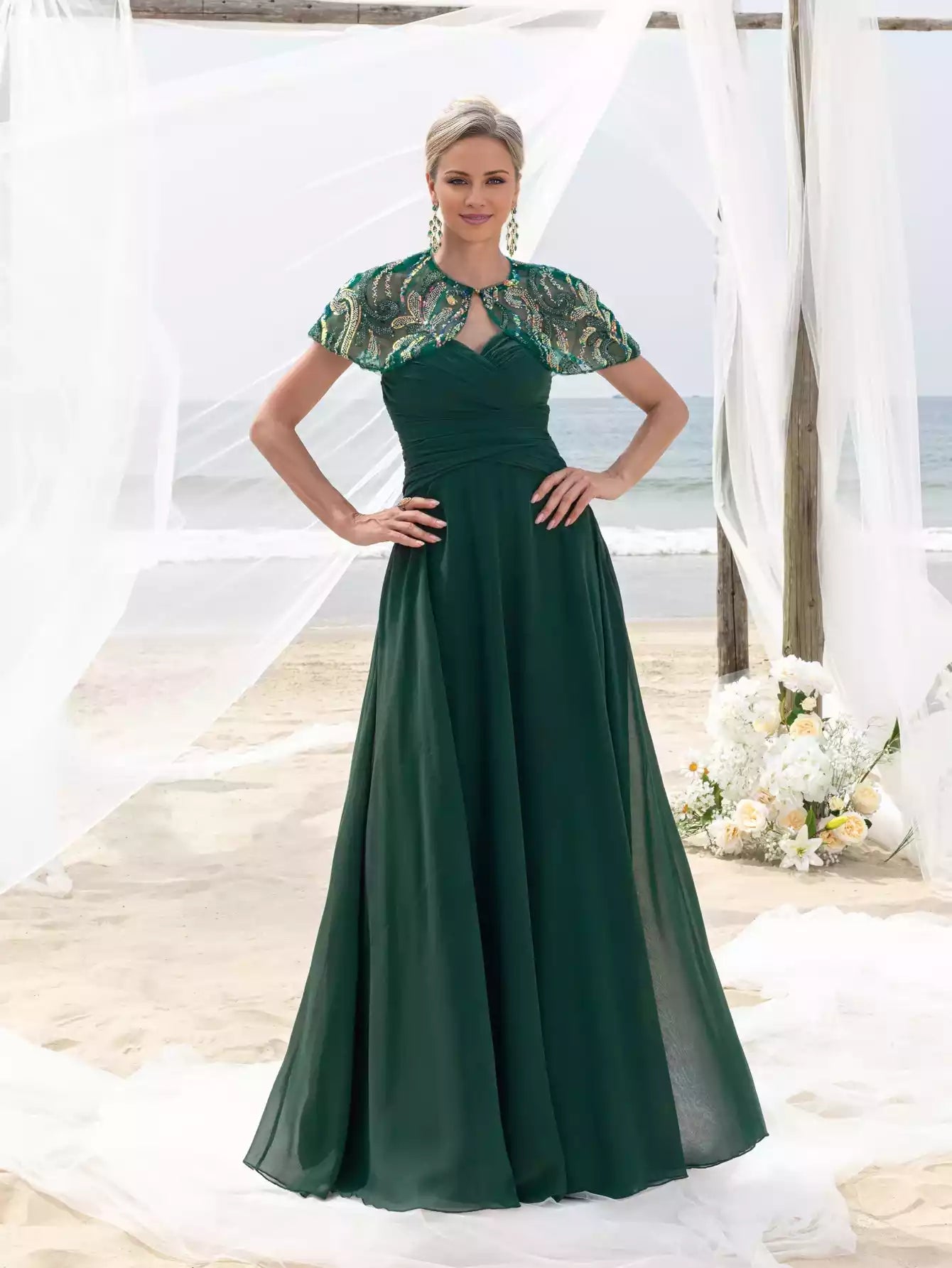 Womens' Elegant  Multicolor Sequin Cape Strapless Chiffon Maxi Dress Mother of the Bride Dress
