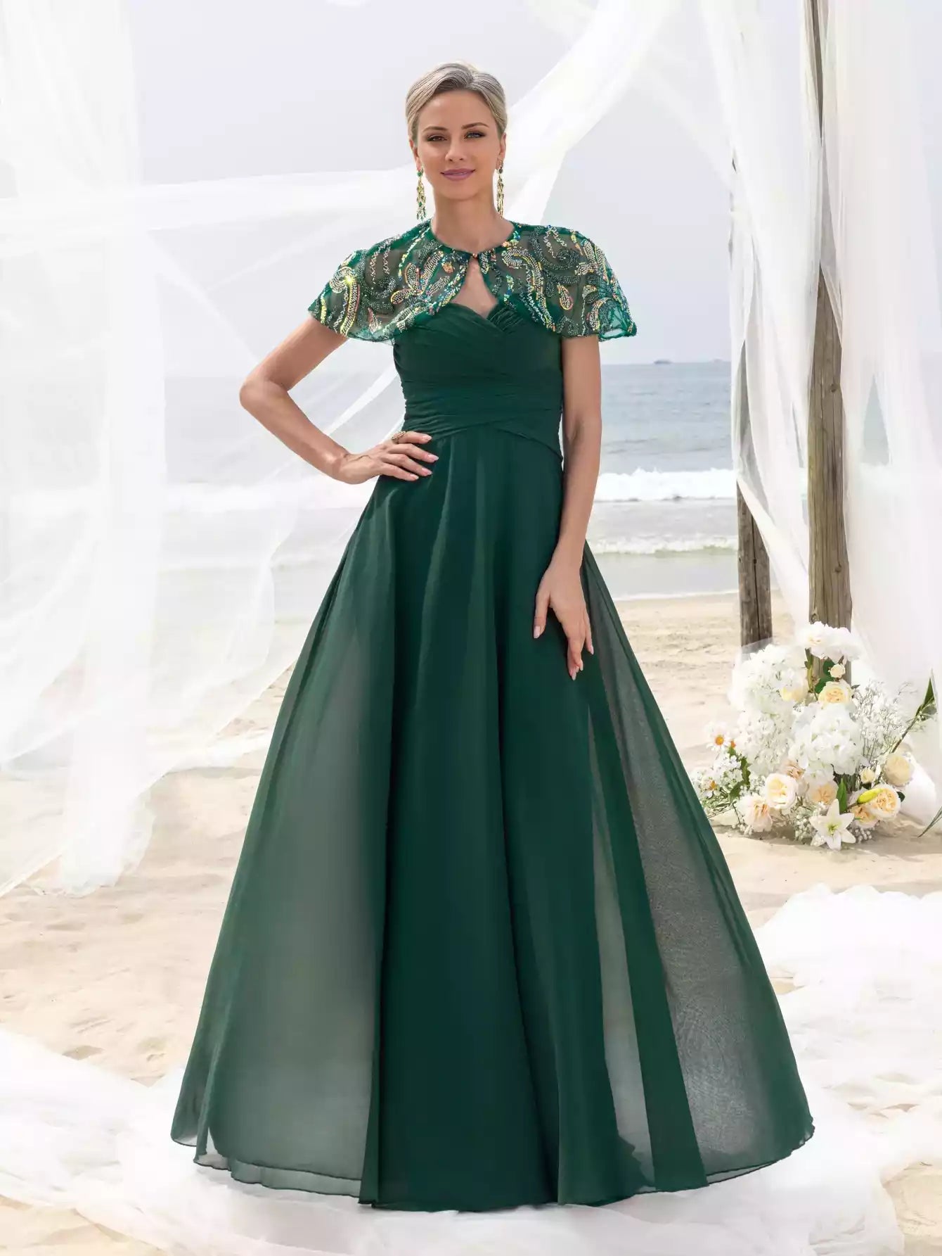 Womens' Elegant  Multicolor Sequin Cape Strapless Chiffon Maxi Dress Mother of the Bride Dress