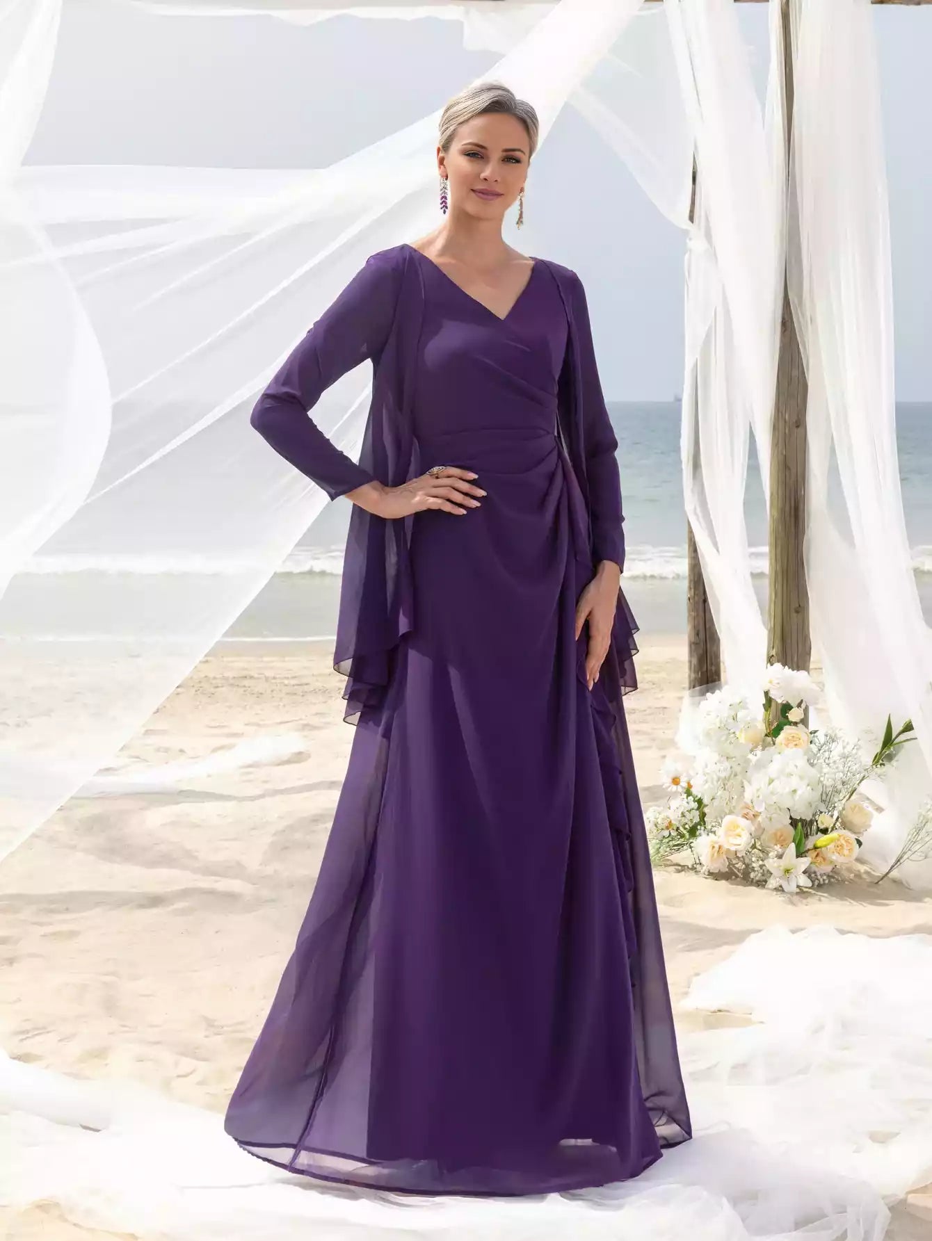 Womens' Fake Two-Piece V-Neck Long Sleeve Mother of the Bride Dress