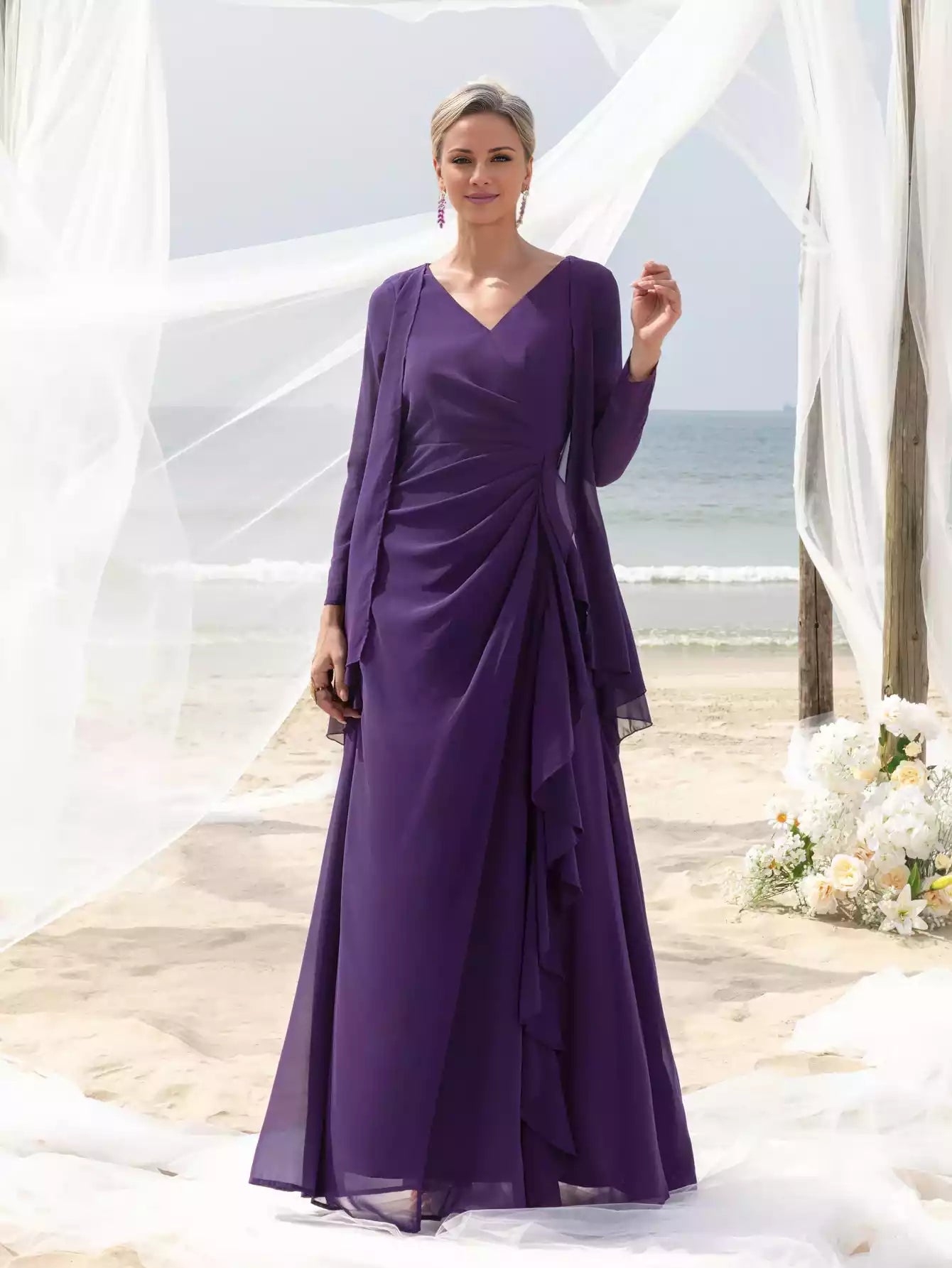 Womens' Fake Two-Piece V-Neck Long Sleeve Mother of the Bride Dress