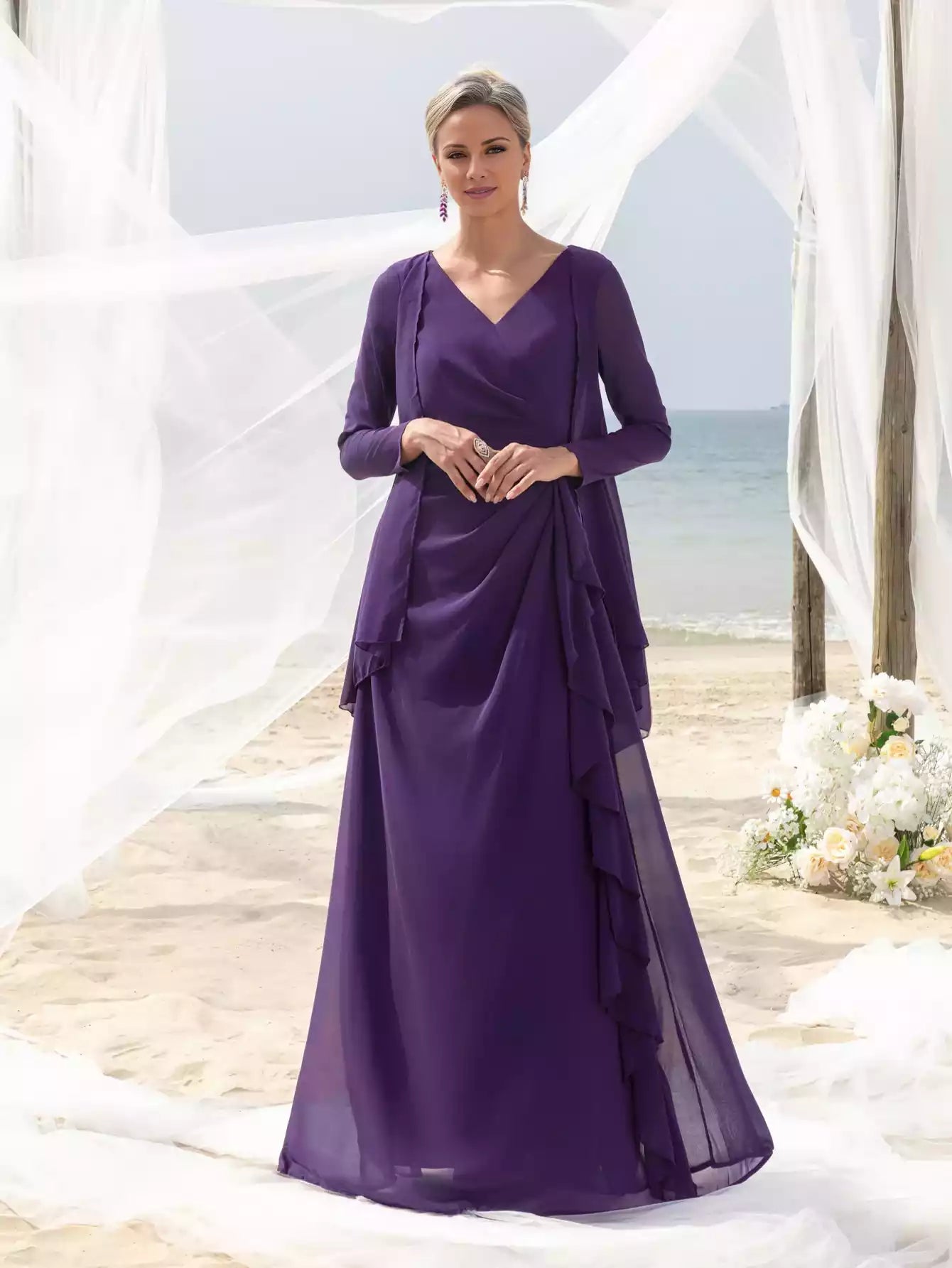 Womens' Fake Two-Piece V-Neck Long Sleeve Mother of the Bride Dress