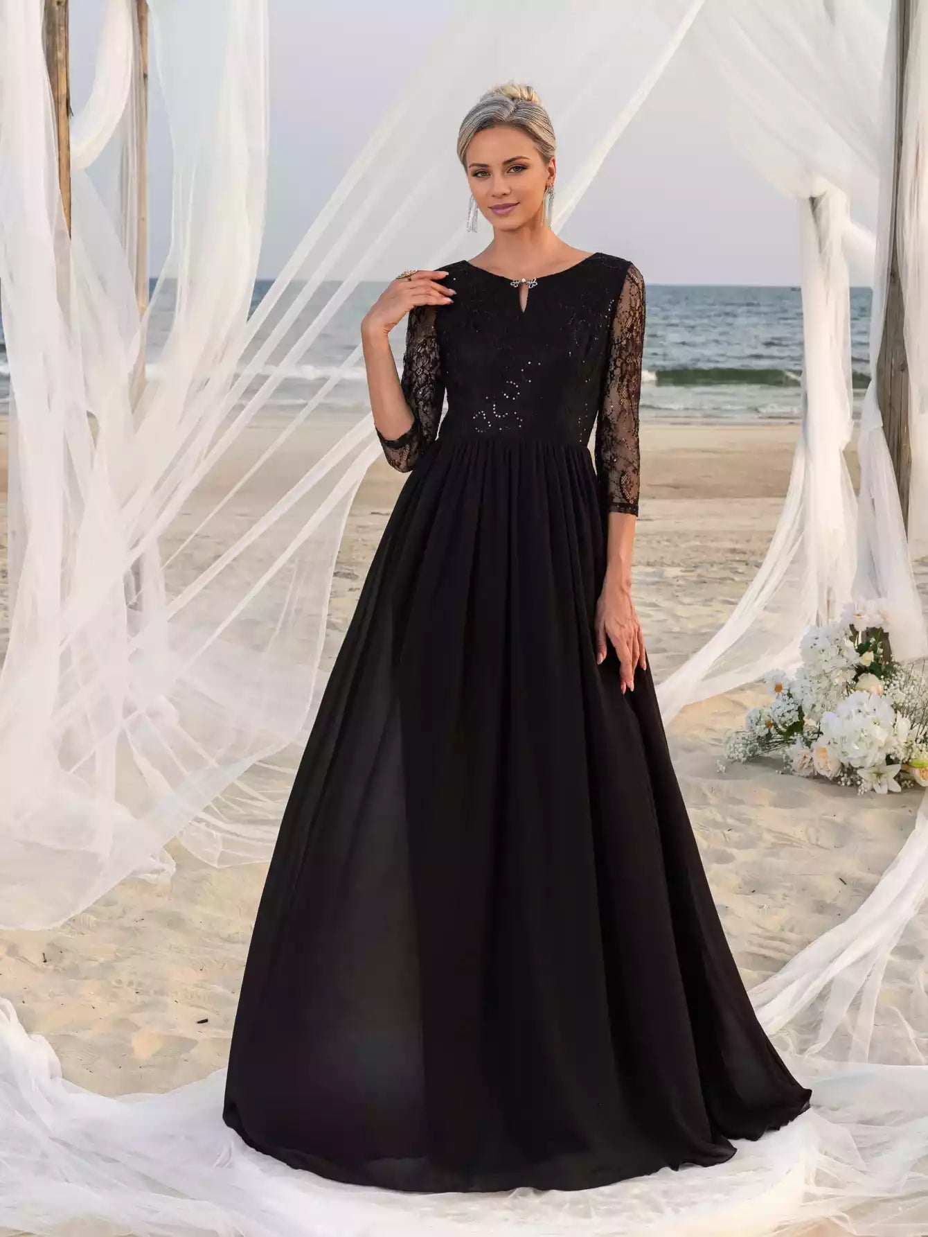 Womens' Lace Bodice Chiffon Skirt Mother of the Bride Dress