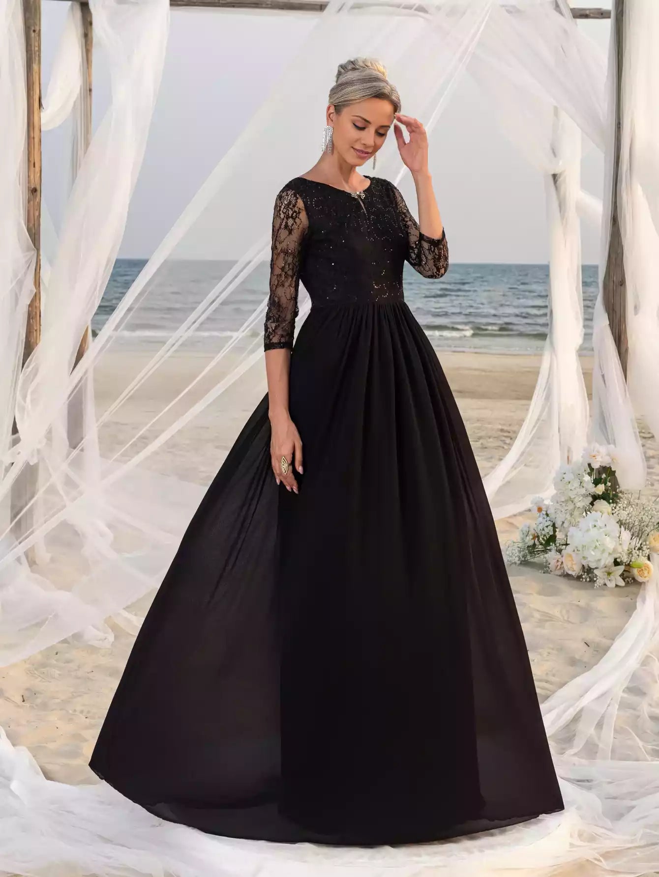 Womens' Lace Bodice Chiffon Skirt Mother of the Bride Dress