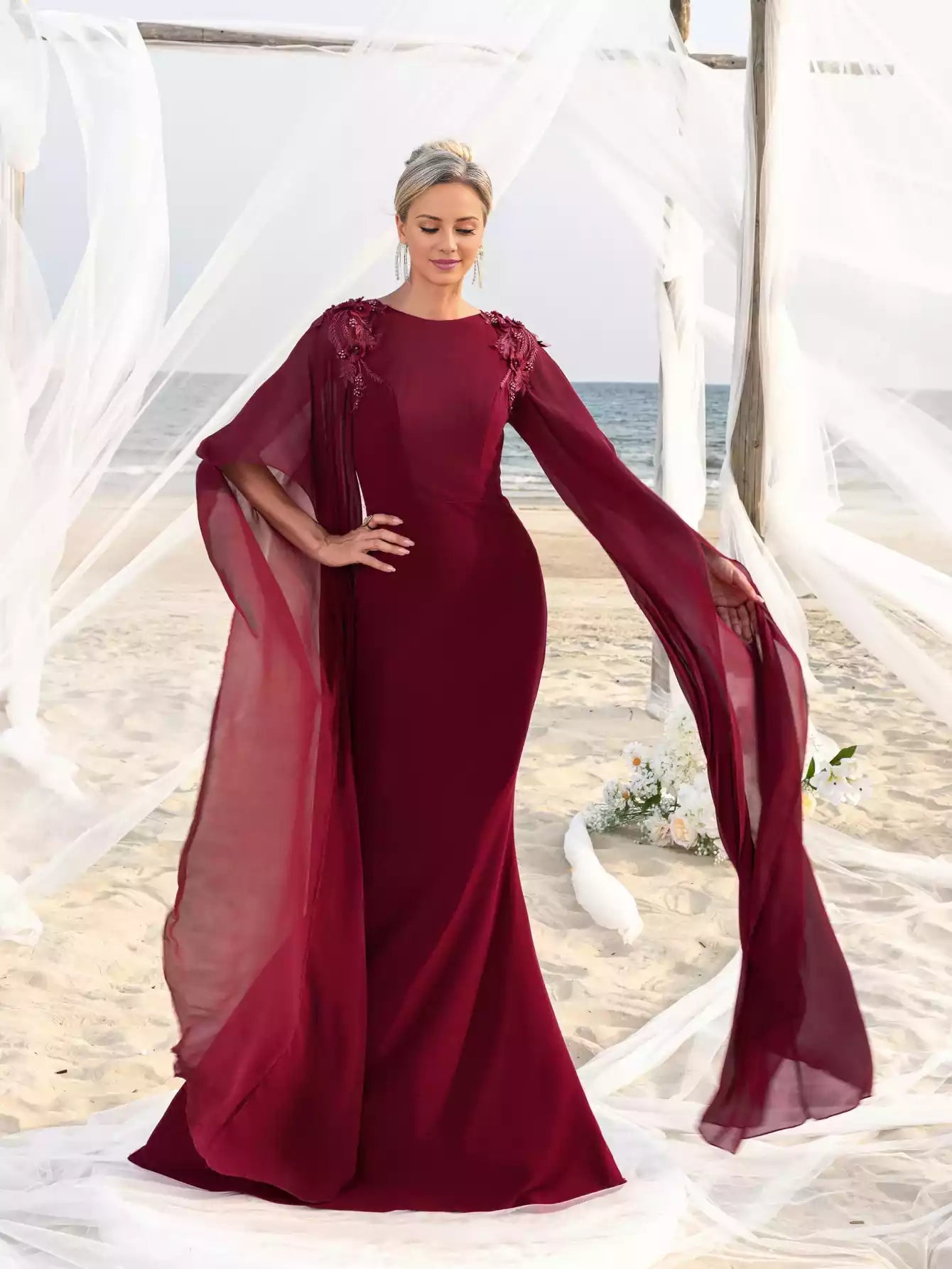 Womens' Mermaid Silhouette with Flared Chiffon Sleeves Floral Appliqué Detailing Mother of the Bride Dress