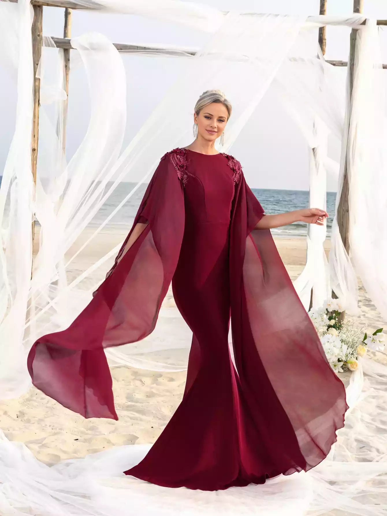 Womens' Mermaid Silhouette with Flared Chiffon Sleeves Floral Appliqué Detailing Mother of the Bride Dress
