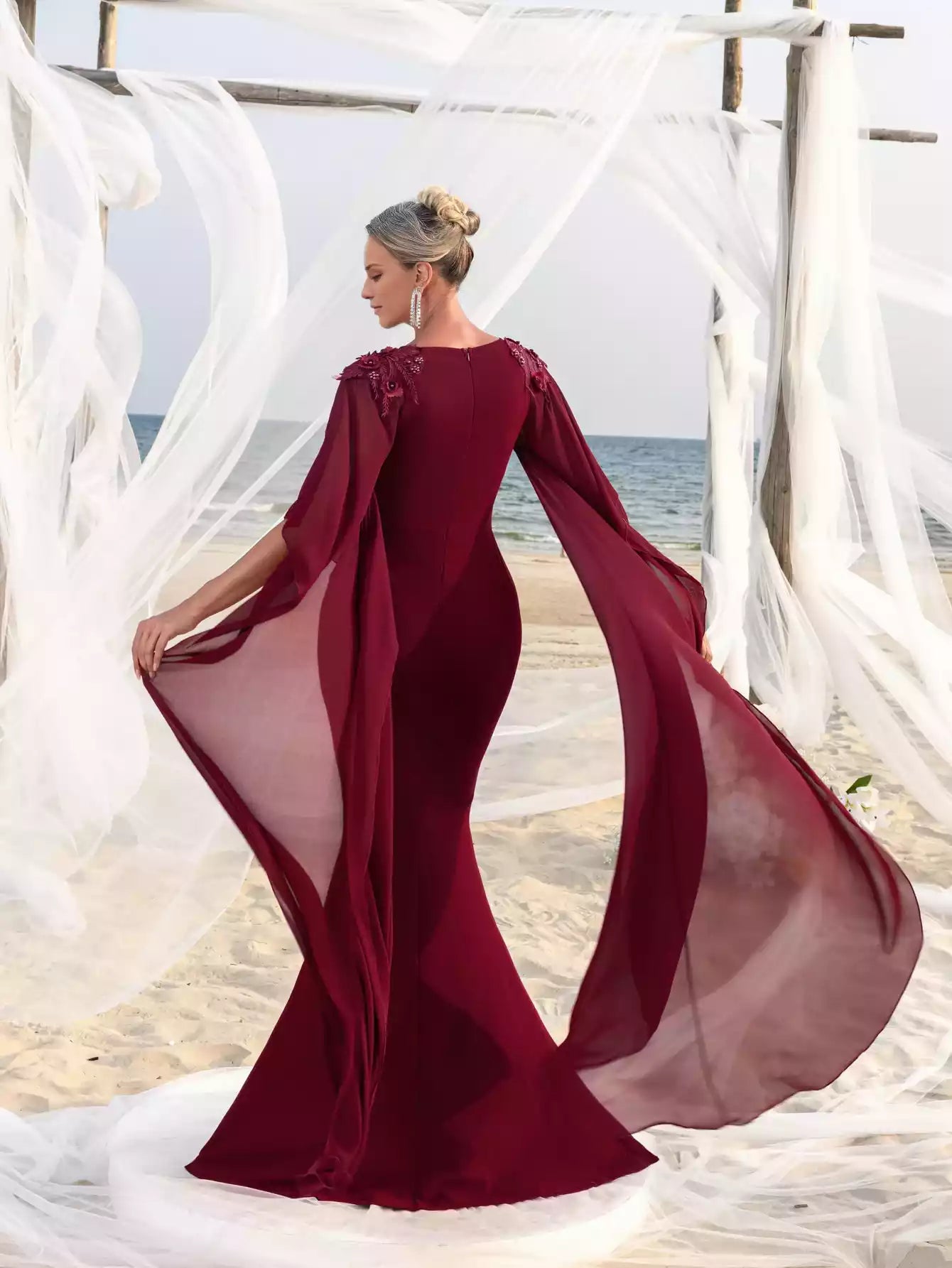 Womens' Mermaid Silhouette with Flared Chiffon Sleeves Floral Appliqué Detailing Mother of the Bride Dress