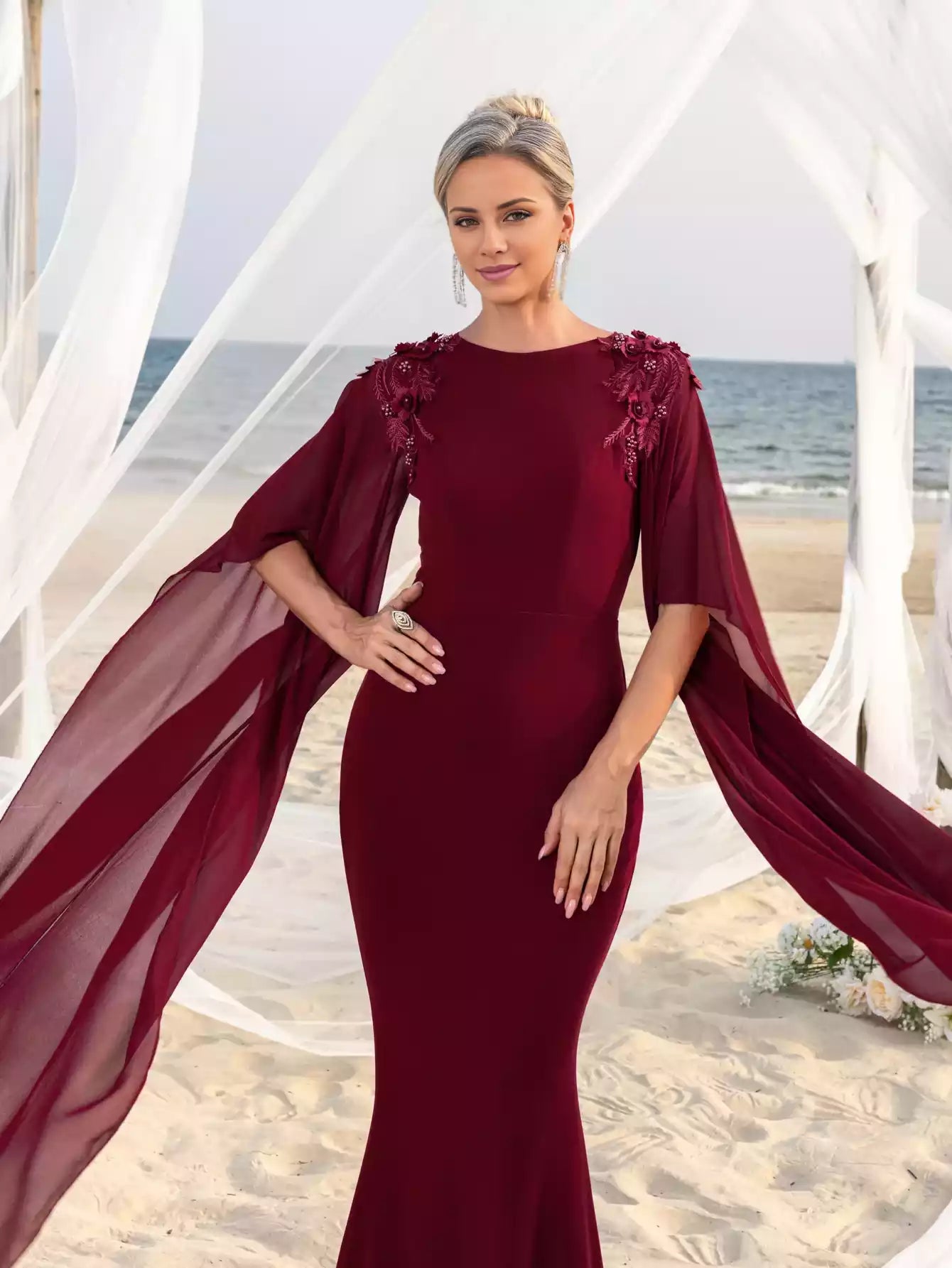 Womens' Mermaid Silhouette with Flared Chiffon Sleeves Floral Appliqué Detailing Mother of the Bride Dress