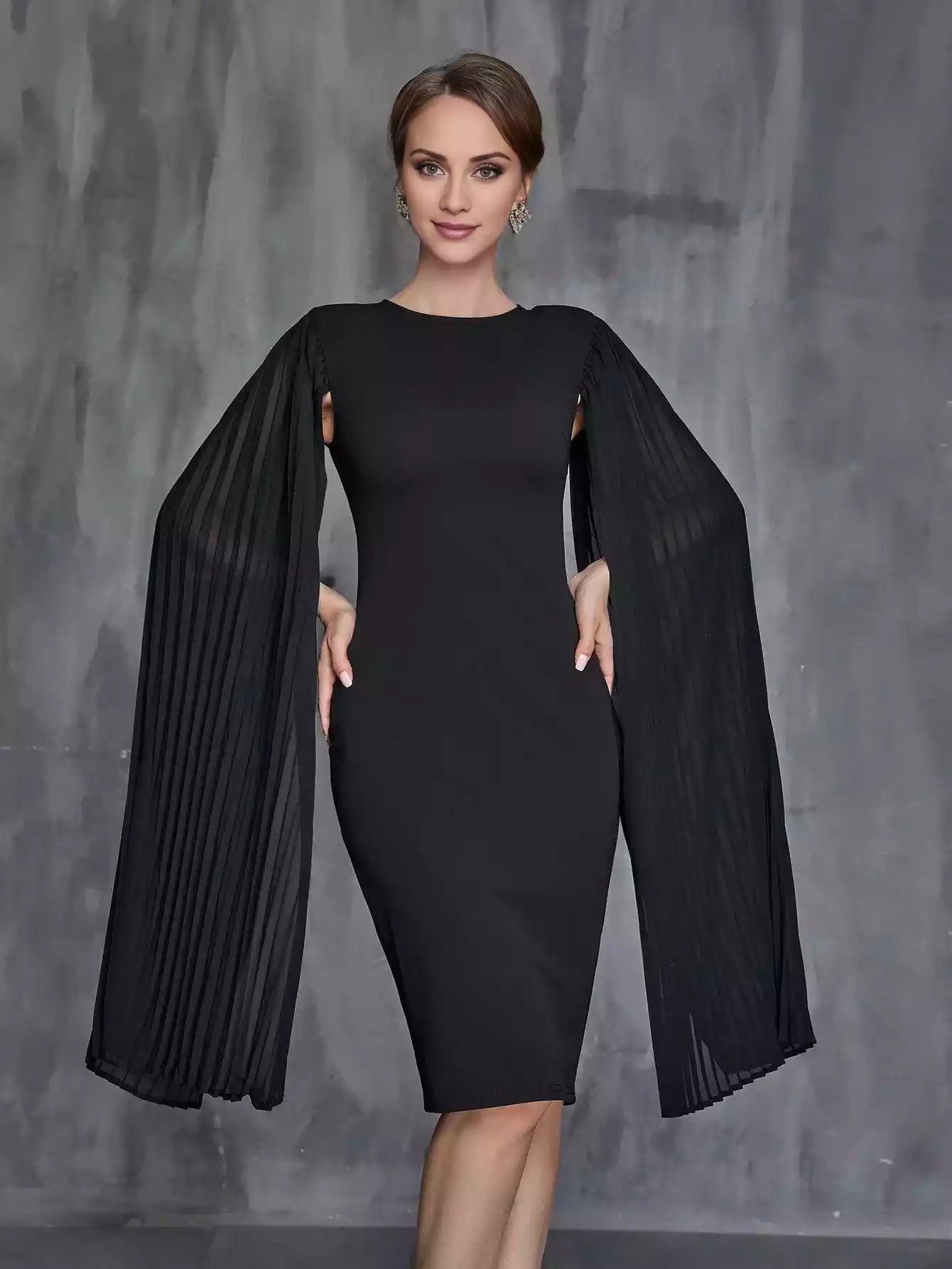 Womens' Pleated Cloak Sleeves Midi Dress Mother of the Bride Dress