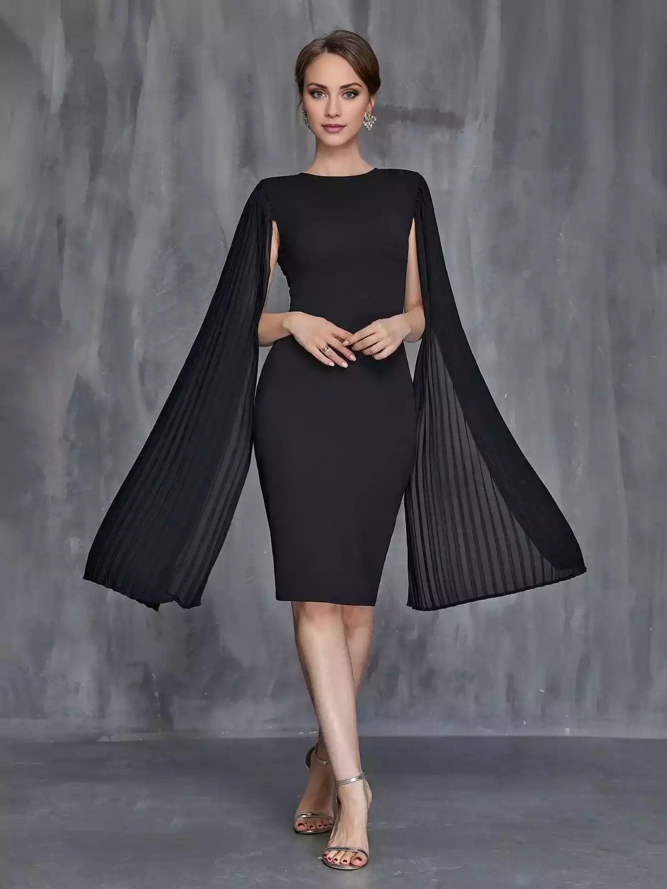 Womens' Pleated Cloak Sleeves Midi Dress Mother of the Bride Dress