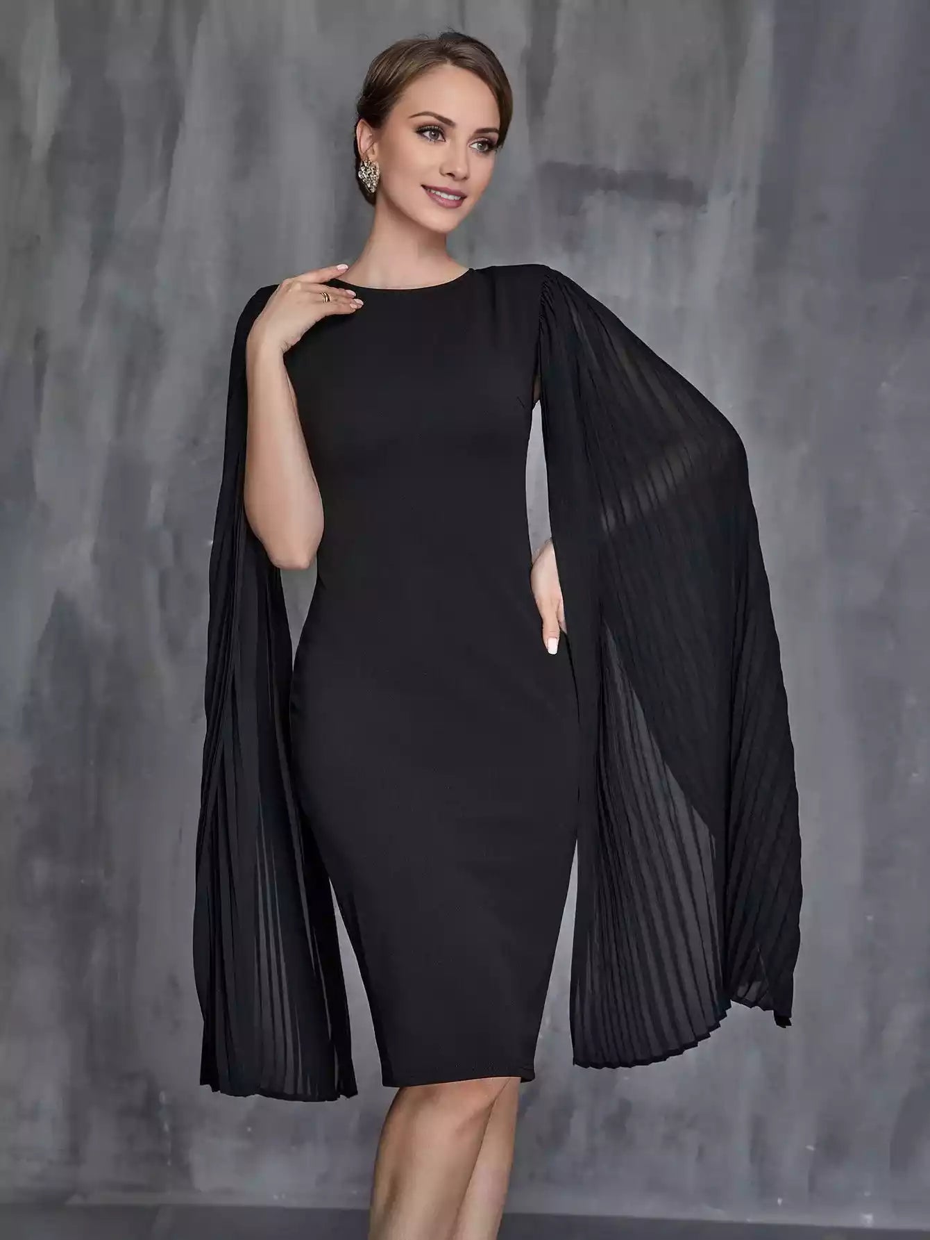 Womens' Pleated Cloak Sleeves Midi Dress Mother of the Bride Dress