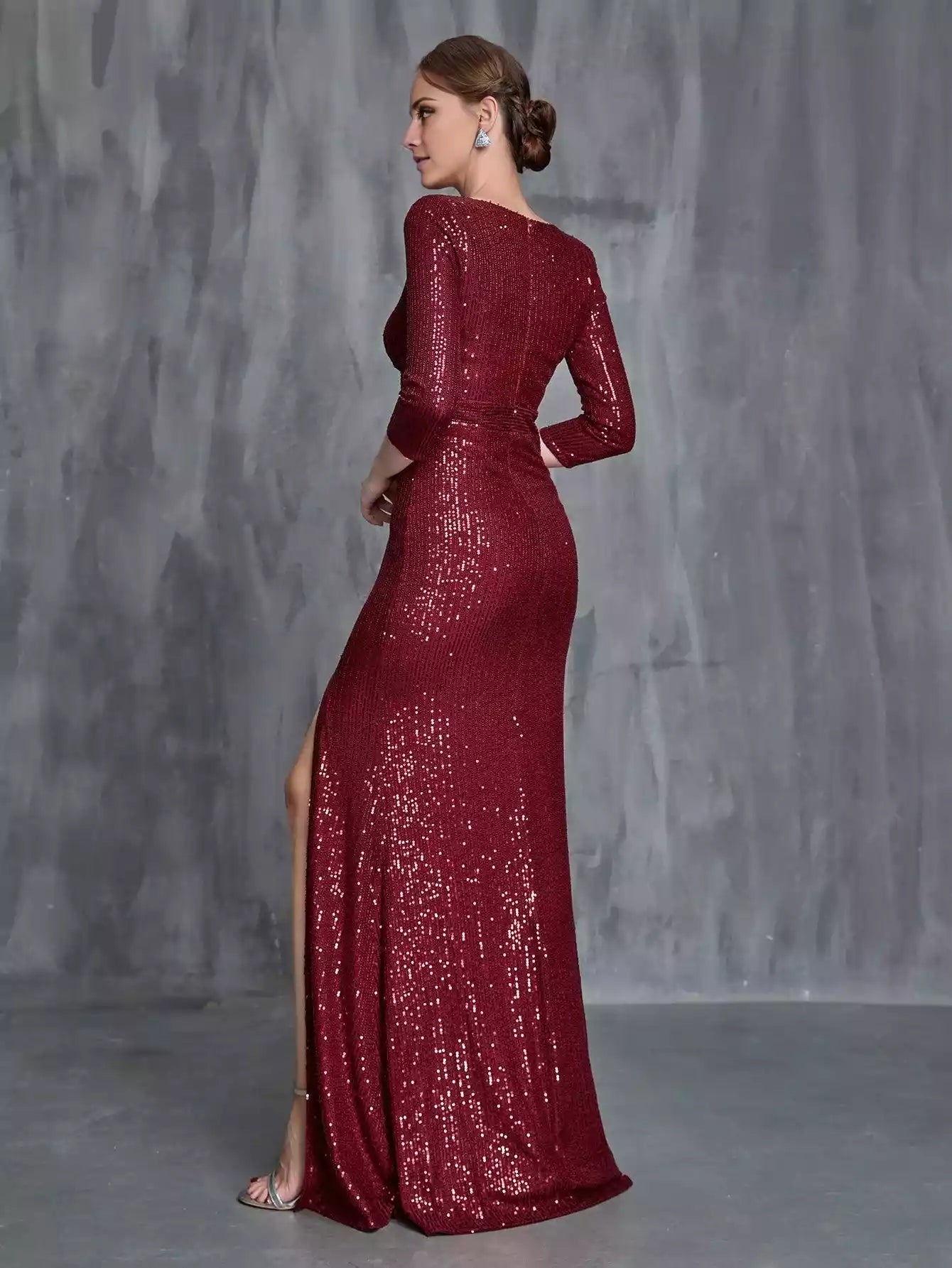 Womens' Plunging Neck Split Sequin Formal Mother of the Bride Dress