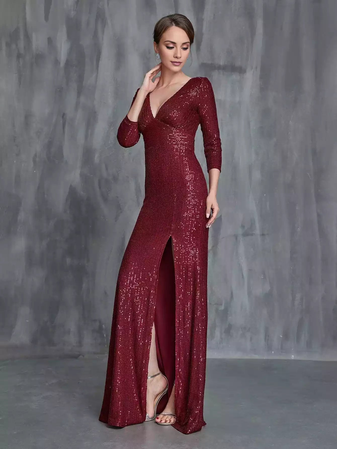Womens' Plunging Neck Split Sequin Formal Mother of the Bride Dress