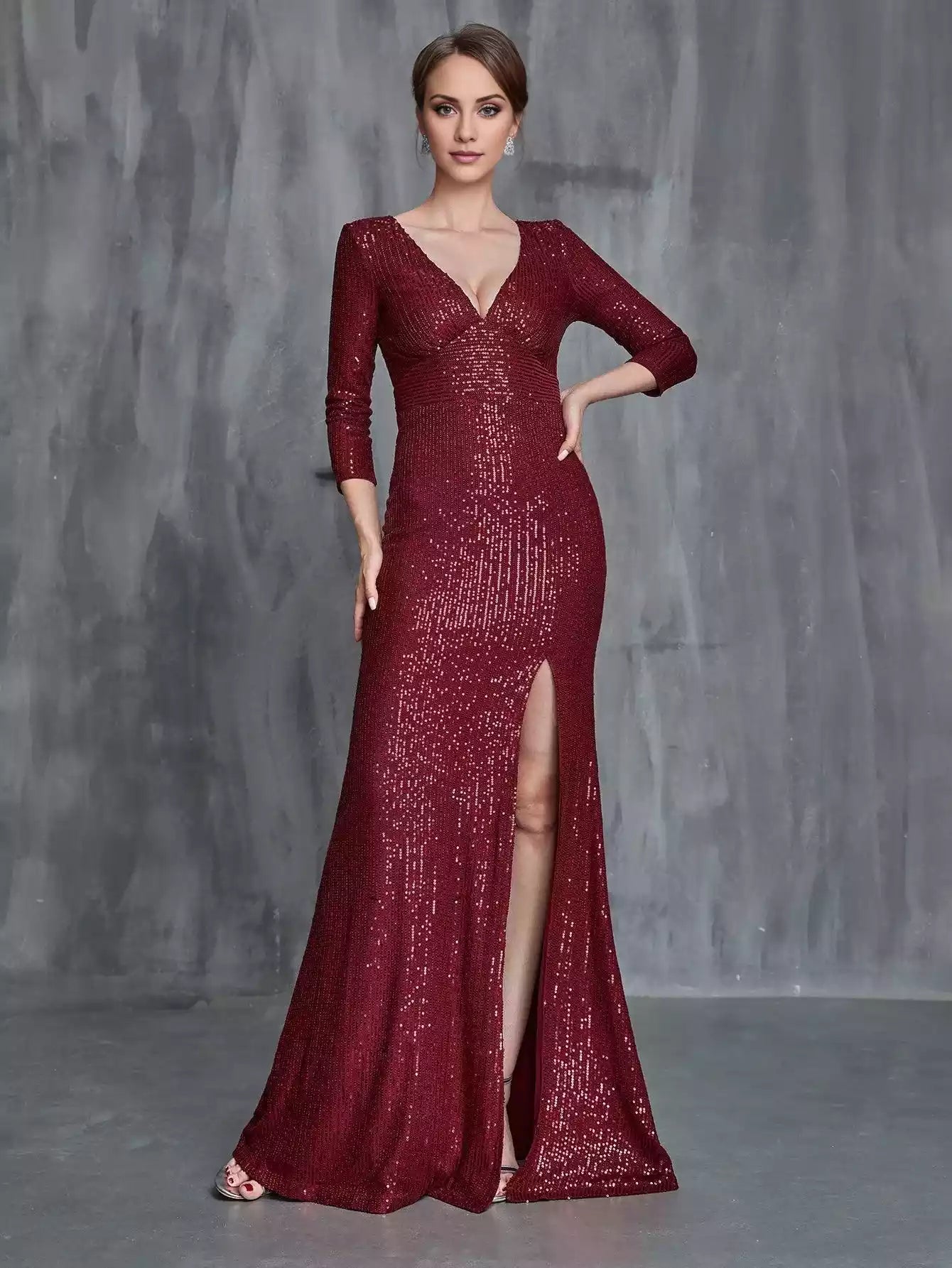 Womens' Plunging Neck Split Sequin Formal Mother of the Bride Dress