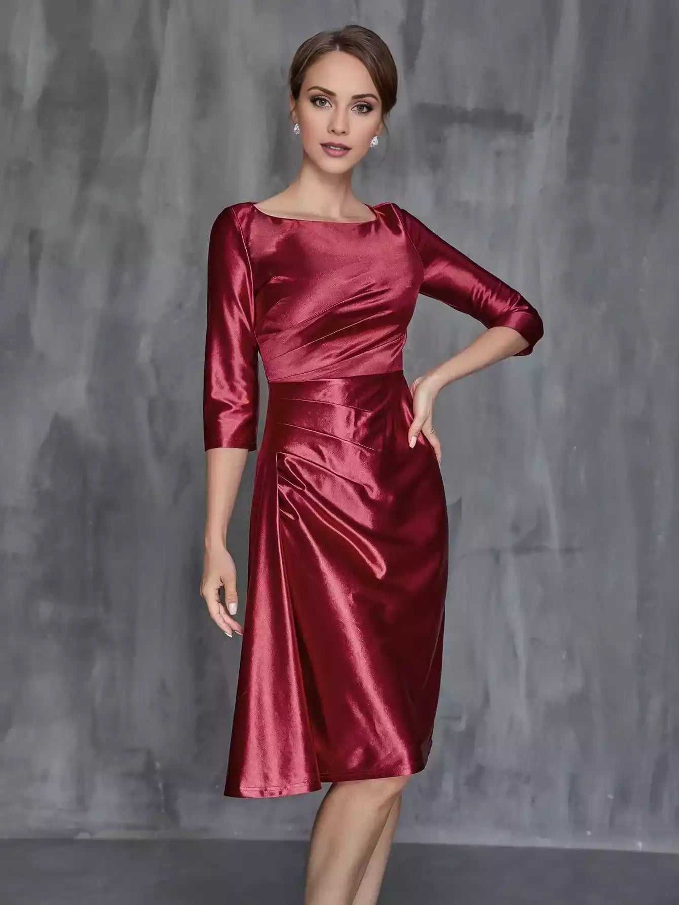 Womens' Solid Ruched Wrap Front Satin Dress Mother of the Bride Dress