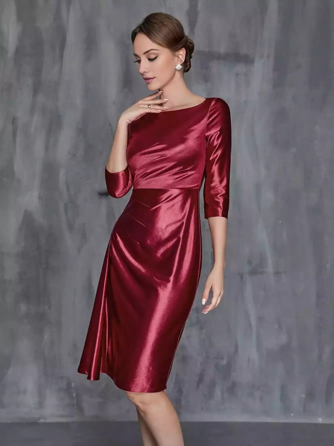 Womens' Solid Ruched Wrap Front Satin Dress Mother of the Bride Dress